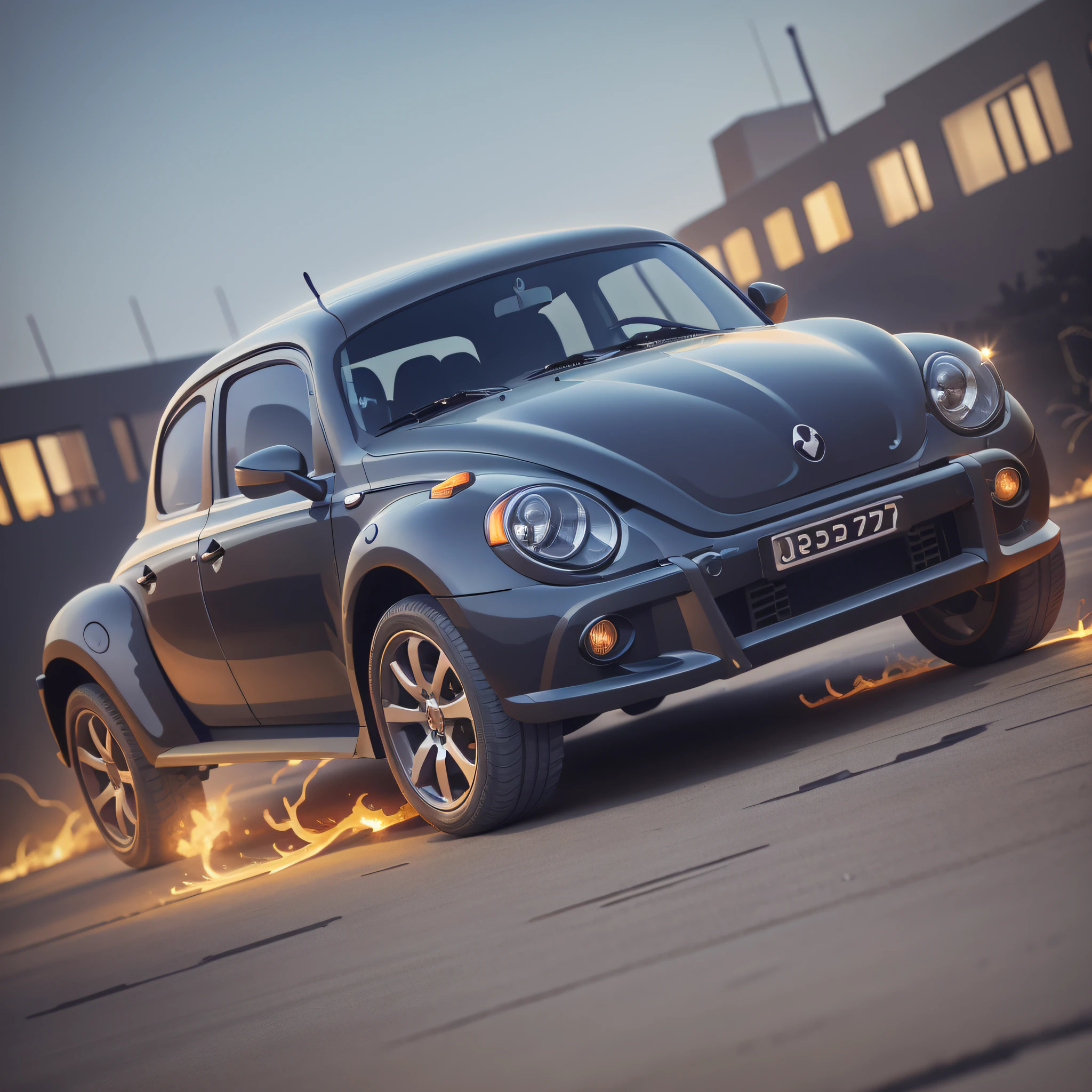 black beetle car lowered in a lighted