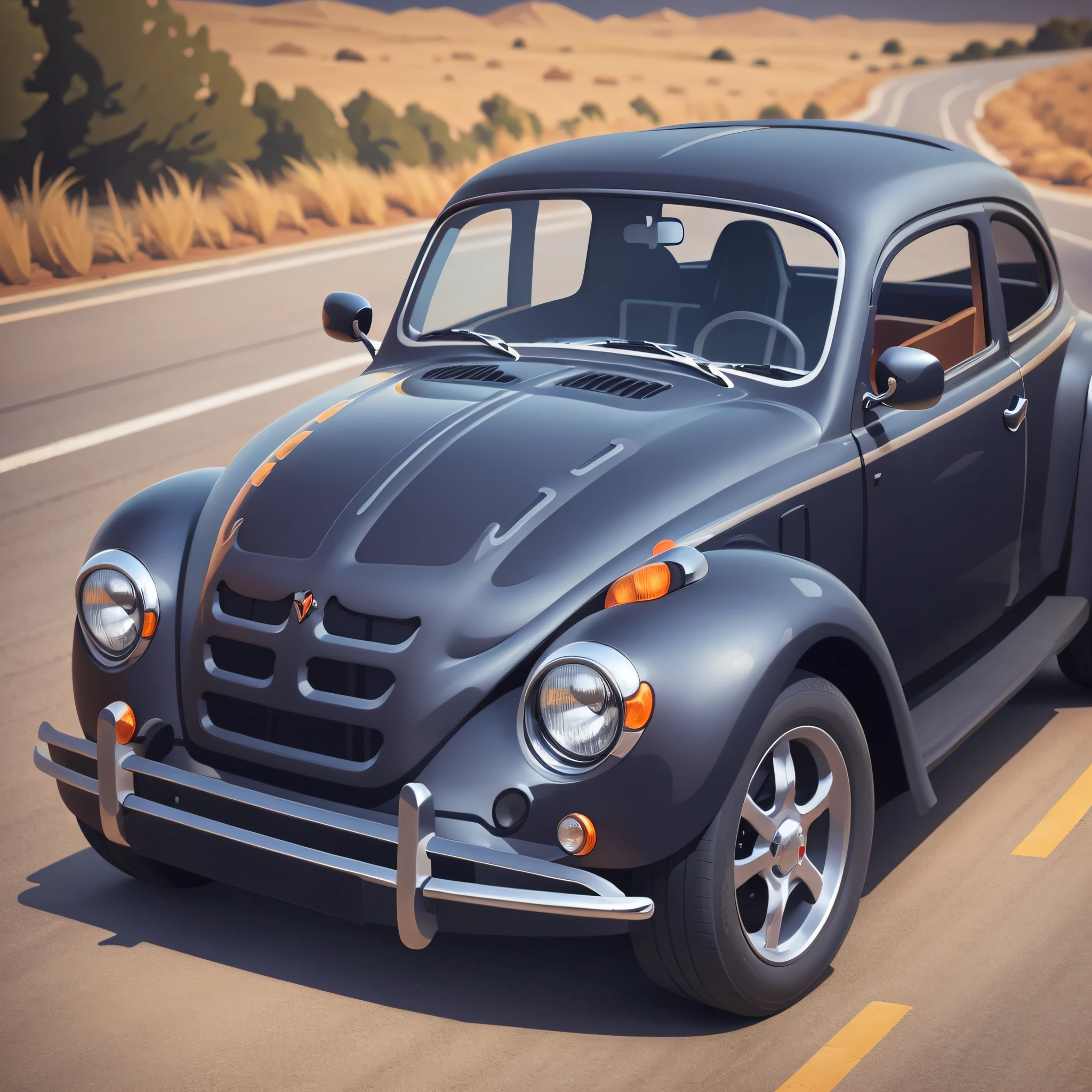 black beetle car lowered in a lighted