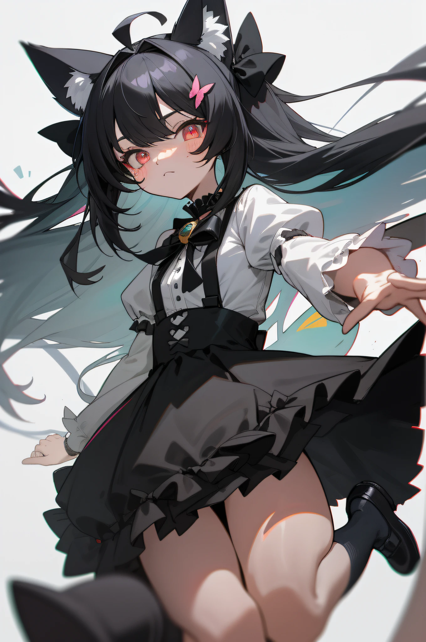 a cute little girl, Gothic loli, black cat ears, black and red pupils, bow collar with bells, black and white gothic Lolita dress, gorgeous dress, lace, black suspender over-the-knee socks, black platform round toe small leather shoes, black cat tail tied with bow, in the style of soft color palette, aurorapunk, an anime illustration of her, face, animated gifs, hand-drawn, animation, charming sketches, smooth and, shiny, hazy romanticism, superflat style, white, background--ar 1:1--niji 5--style expressive --s 50, ahoge, black hair, shiny hair, expressive hair, big hair, absurdly long hair, straight hair, antenna hair, gradient hair, streaked hair, hair bell, butterfly hair ornament, bow hairband, multicolored eyes, aqua eyes, glowing eyes, gradient_eyes, slit pupils, gradient eyes, animal ears, cat ears, kemonomimi mode, anatomically correct