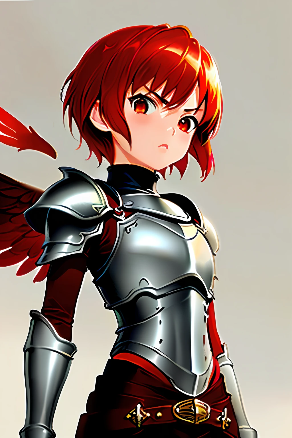 Beautiful girl, red eyes, red hair, short hair, brown wings, silver armor with red, small chest, masculine appearance, serious face, serious expression, small person, ghibli style, cute style, gothic style
