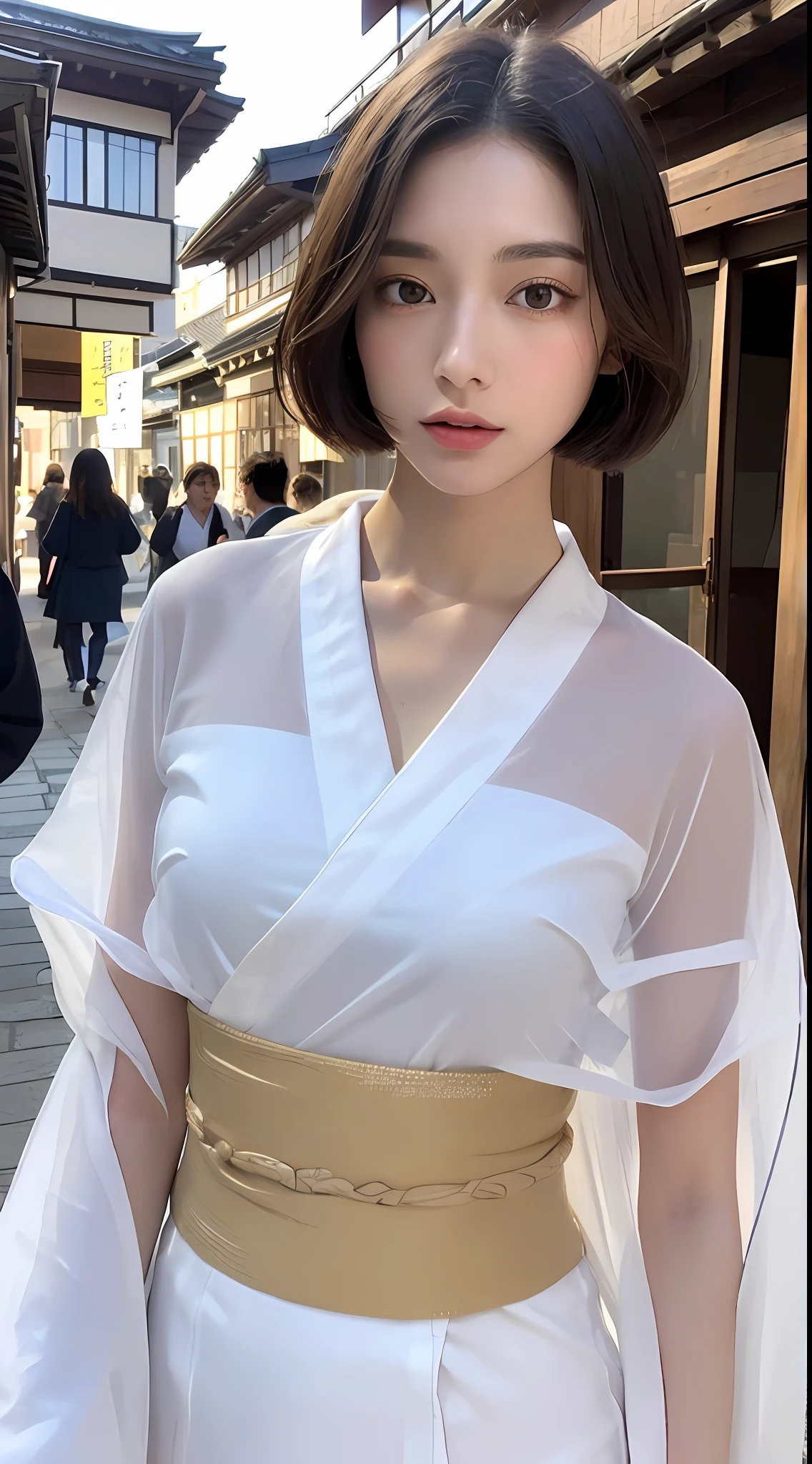 (Top Quality, 16k, Masterpiece: 1.3)), 1 Girl, Sharp Focus: 1.2, Beautiful Women with Perfect Figure: 1.4, Slender Abs: 1.2, (((Short Bob Hair)), ((Small: 1.4)), ((Beautiful Face Model: 1.3)), ((White Kimono of Transparent Fabric: 1.5)), Highly Detailed Face and Skin Texture, Detailed Eyes, Double Eyelids, (((Pause)), (Seductive)), Walking, Kyoto Streetscape