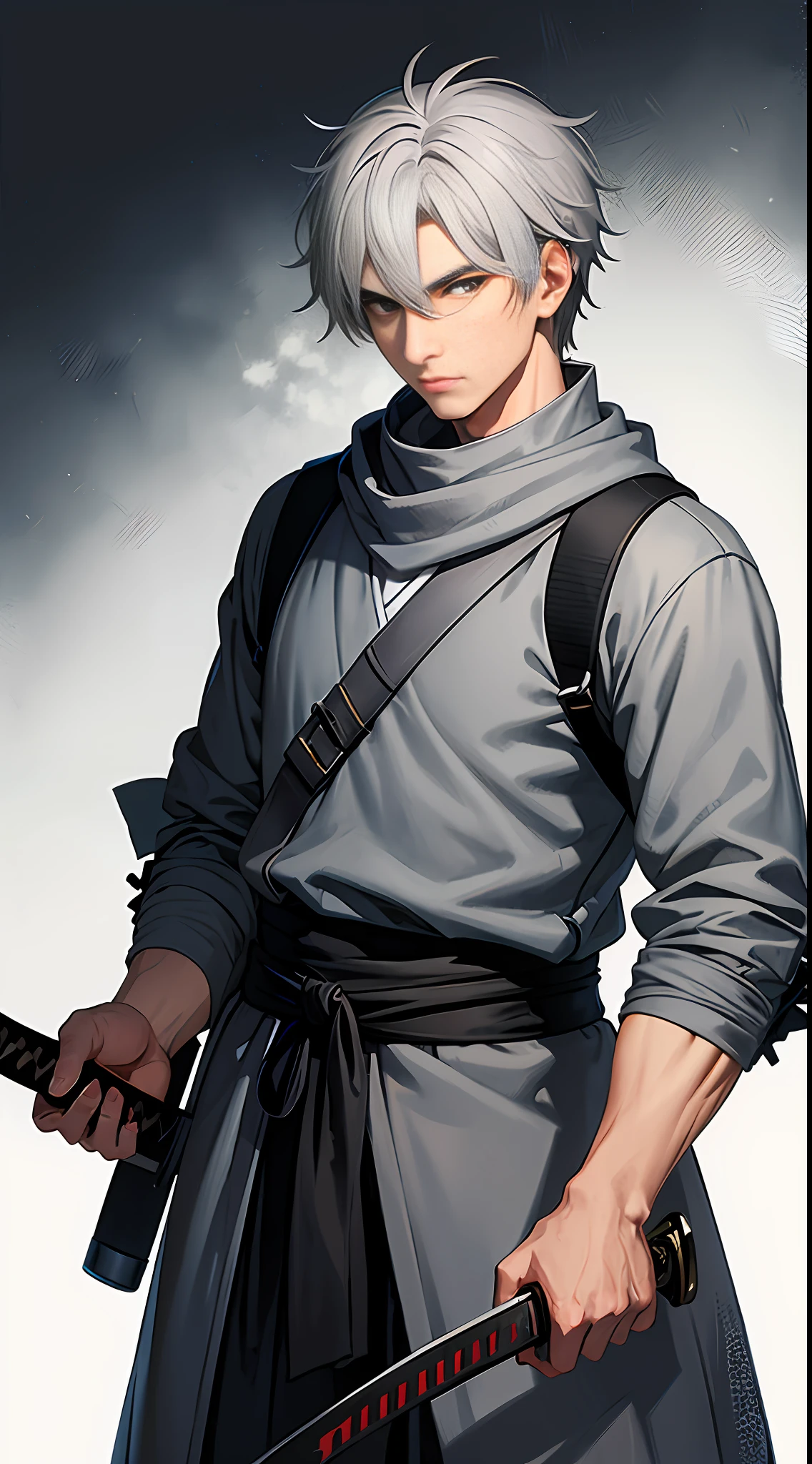 A rebellious man of 26 with shivering gray hair and silver eyes, his clothing is gray resembling a villager, he carries a katana (senary a foggy village)