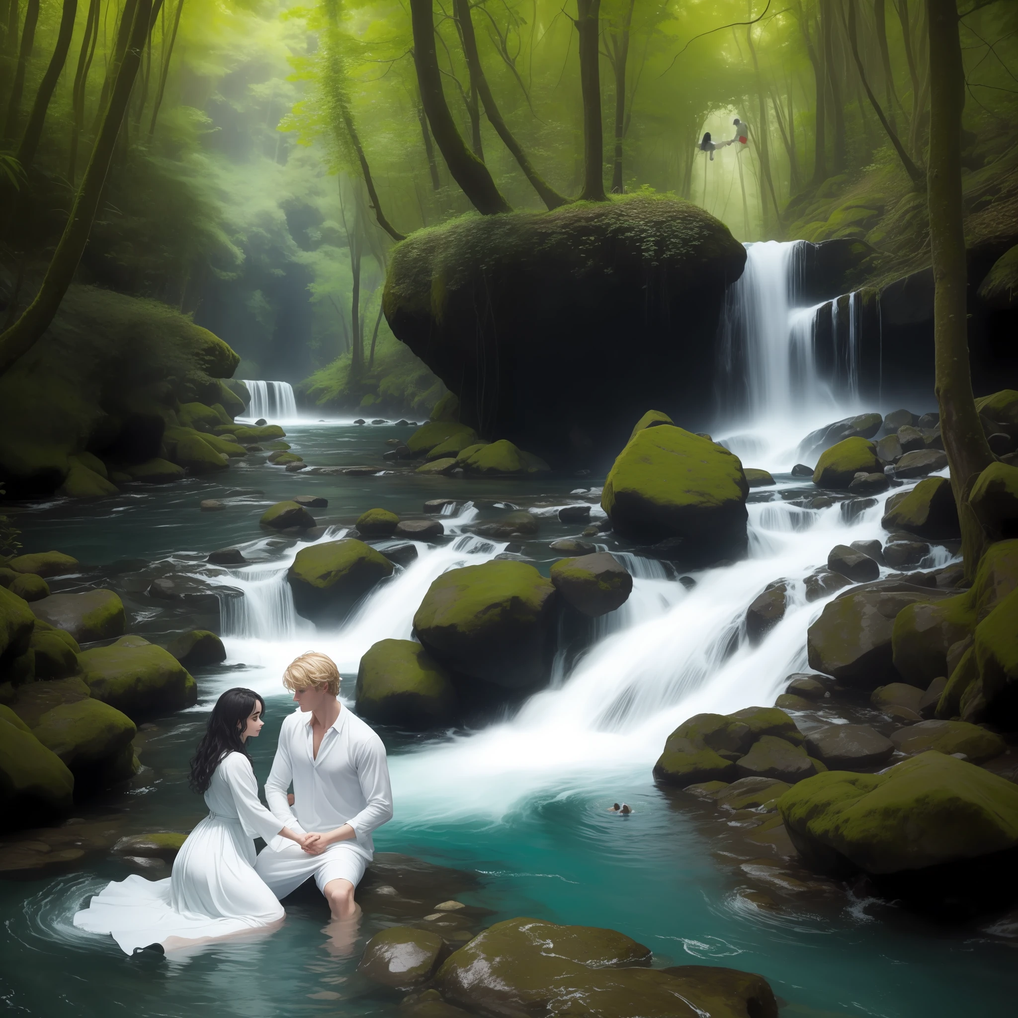 A couple taking a deep river bath together, half the body submerged; the woman is Lily Collins with black curly hair, simple medieval white dress; and the man is Neels Visser blond haired, dressed in a simple medieval long-sleeved shirt; The two are swimming together in a river with waterfall and water is , has a forest, with fish swimming extraordinary and detailed image.