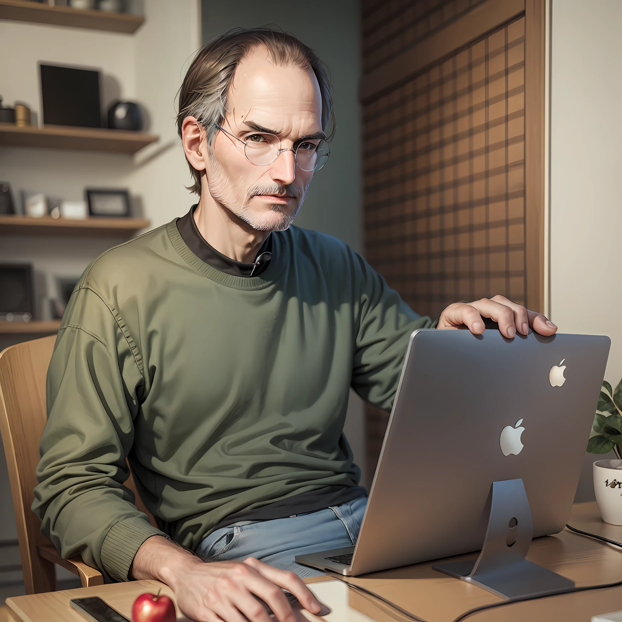 Realistic photo of Steve Jobs with an apple on the side --auto --s2