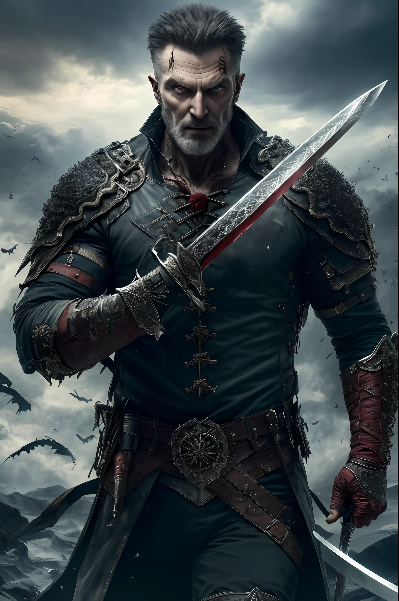 (Extremely detailed 8k wallpaper), a photo in the middle of the photo of a terrible vampire fear elder, complex, highly detailed and dramatic, in an apocalyptic environment, sword in hand,