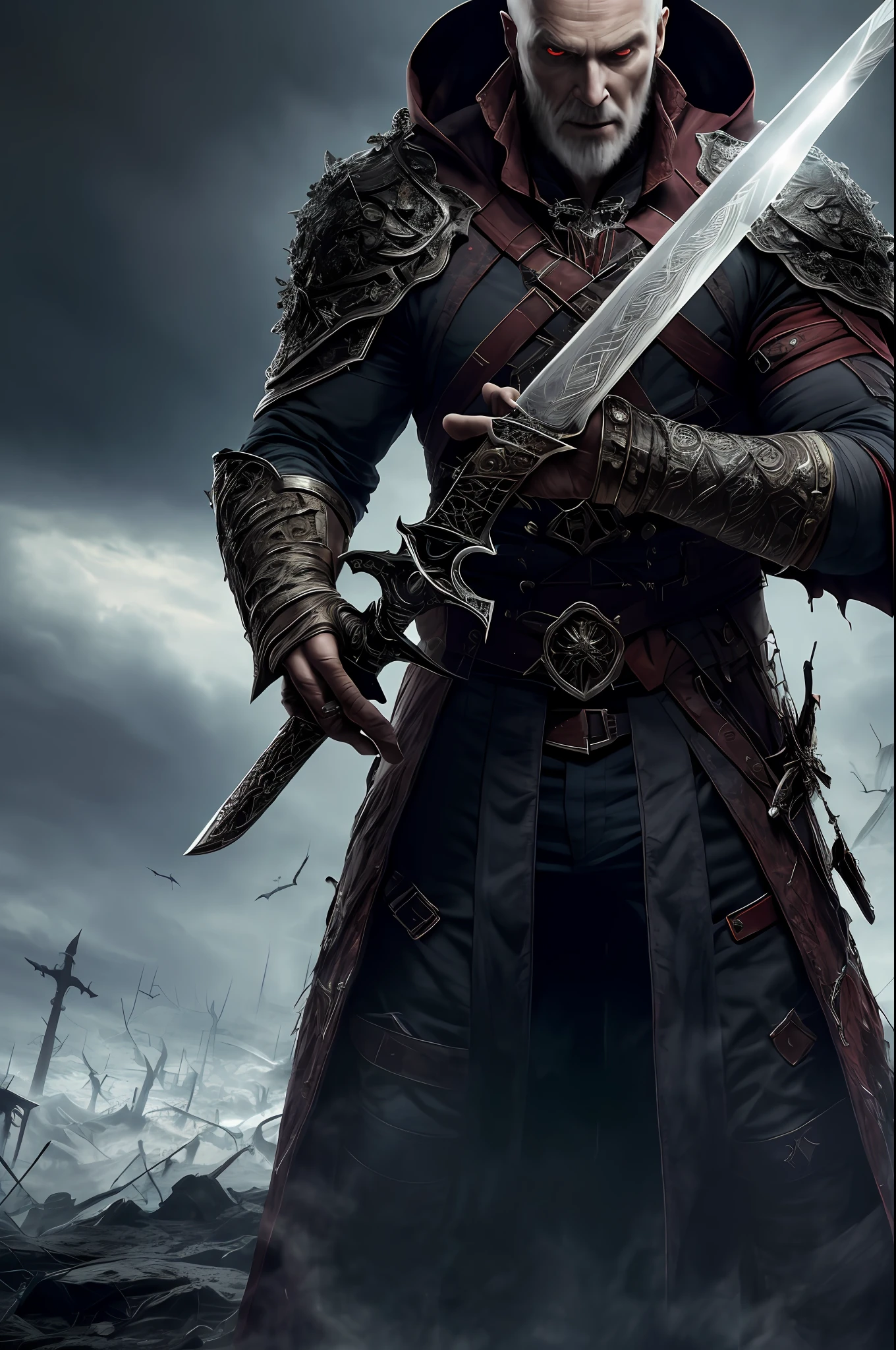 (Extremely detailed 8k wallpaper), a photo in the middle of the photo of a terrible vampire fear elder, complex, highly detailed and dramatic, in an apocalyptic environment, sword in hand,