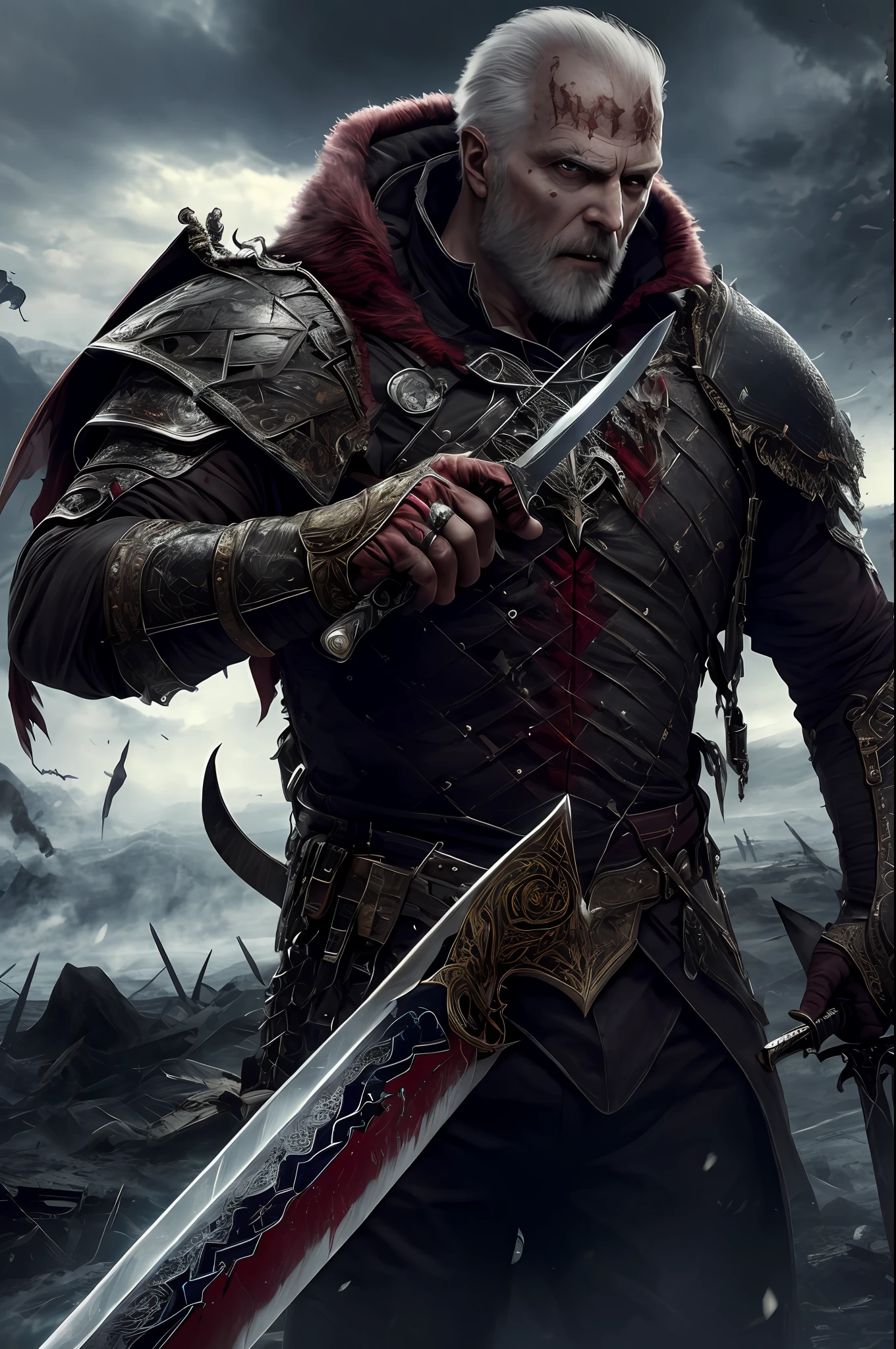 (Extremely detailed 8k wallpaper), a photo in the middle of the photo of a terrible vampire fear elder, complex, highly detailed and dramatic, in an apocalyptic environment, sword in hand,