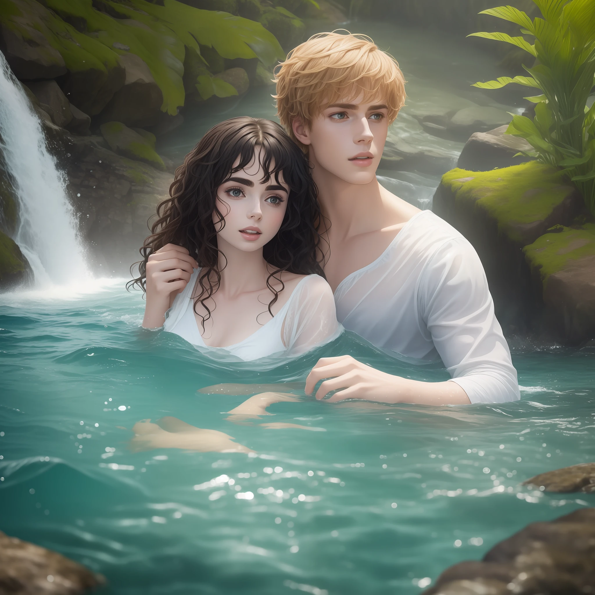 A couple taking a deep river bath together, half the body submerged; the woman is Lily Collins with black curly hair, simple medieval white dress; and the man is Neels Visser blond haired, dressed in a simple medieval long-sleeved shirt; The two are swimming together in a river with waterfall and water is , has a forest, with fish swimming extraordinary and detailed image.
