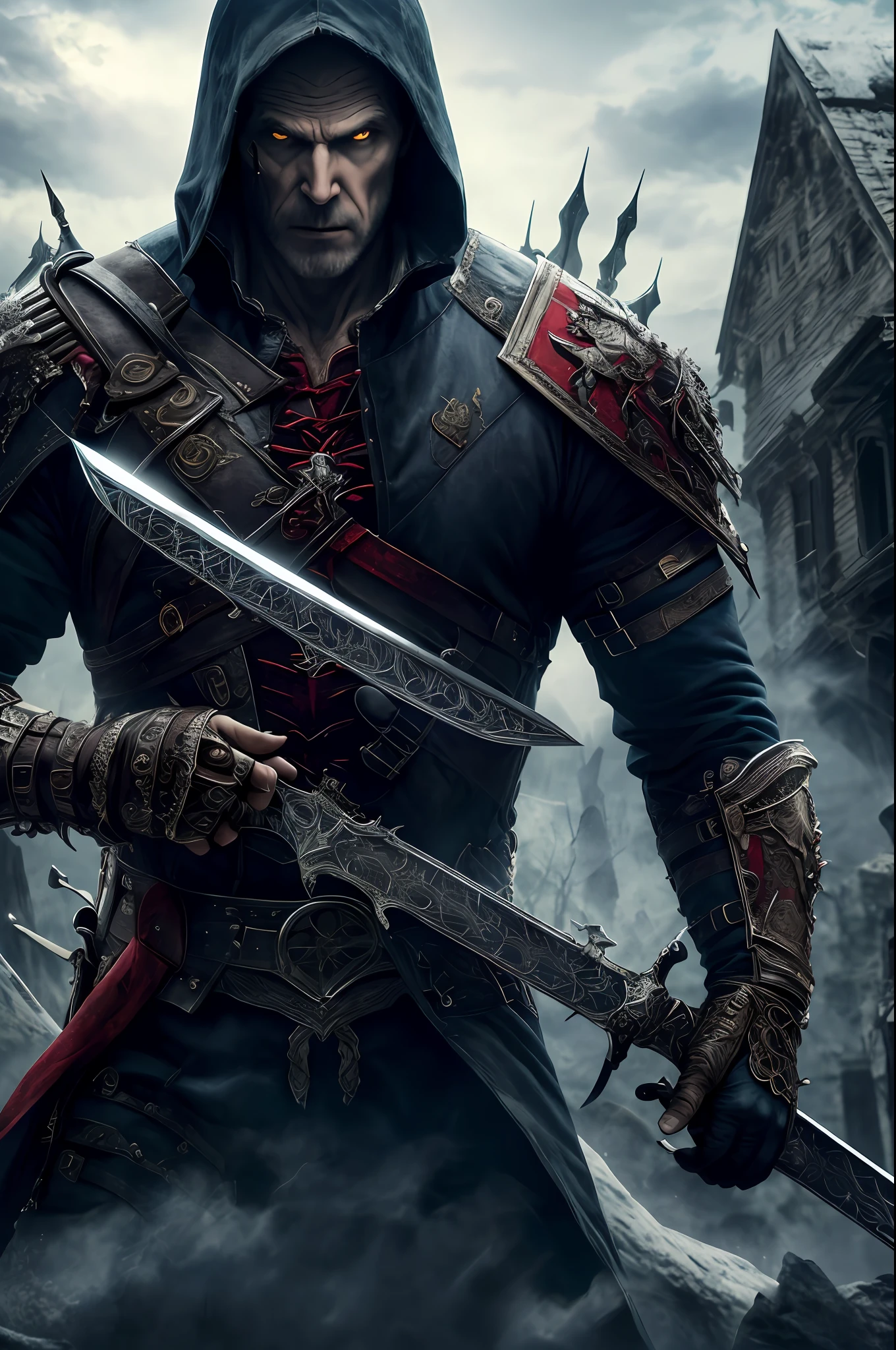 (Extremely detailed 8k wallpaper), a photo in the middle of the photo of a terrible vampire fear elder, complex, highly detailed and dramatic, in an apocalyptic environment, sword in hand,
