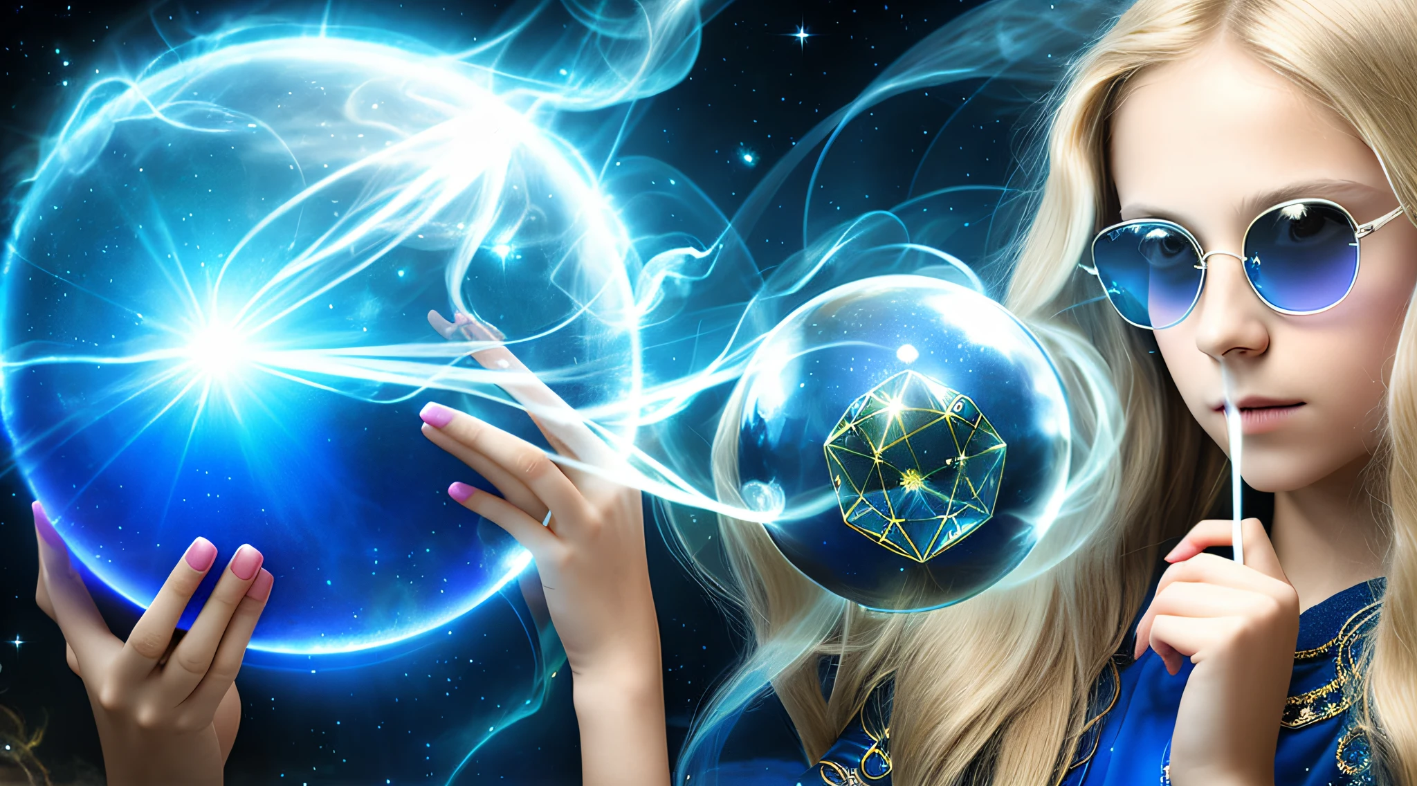 14 YEAR OLD CHILD GIRL WITH SUNGLASSES, WITH LONG BLONDE HAIR, holding a blue ball in her hands with smoke AND RAYS coming out of it, crystal ball, holding a crystal ball, casting a protection spell, holding a glowing orb, spell-casting mage, casting spells, the orb of truth, casting a powerful spell, holding a glowing orb of dice, a woman holding an orb, emitting psychic powers, hands holding large glowing orbs, PETROLEUM BLUE BACKGROUND.