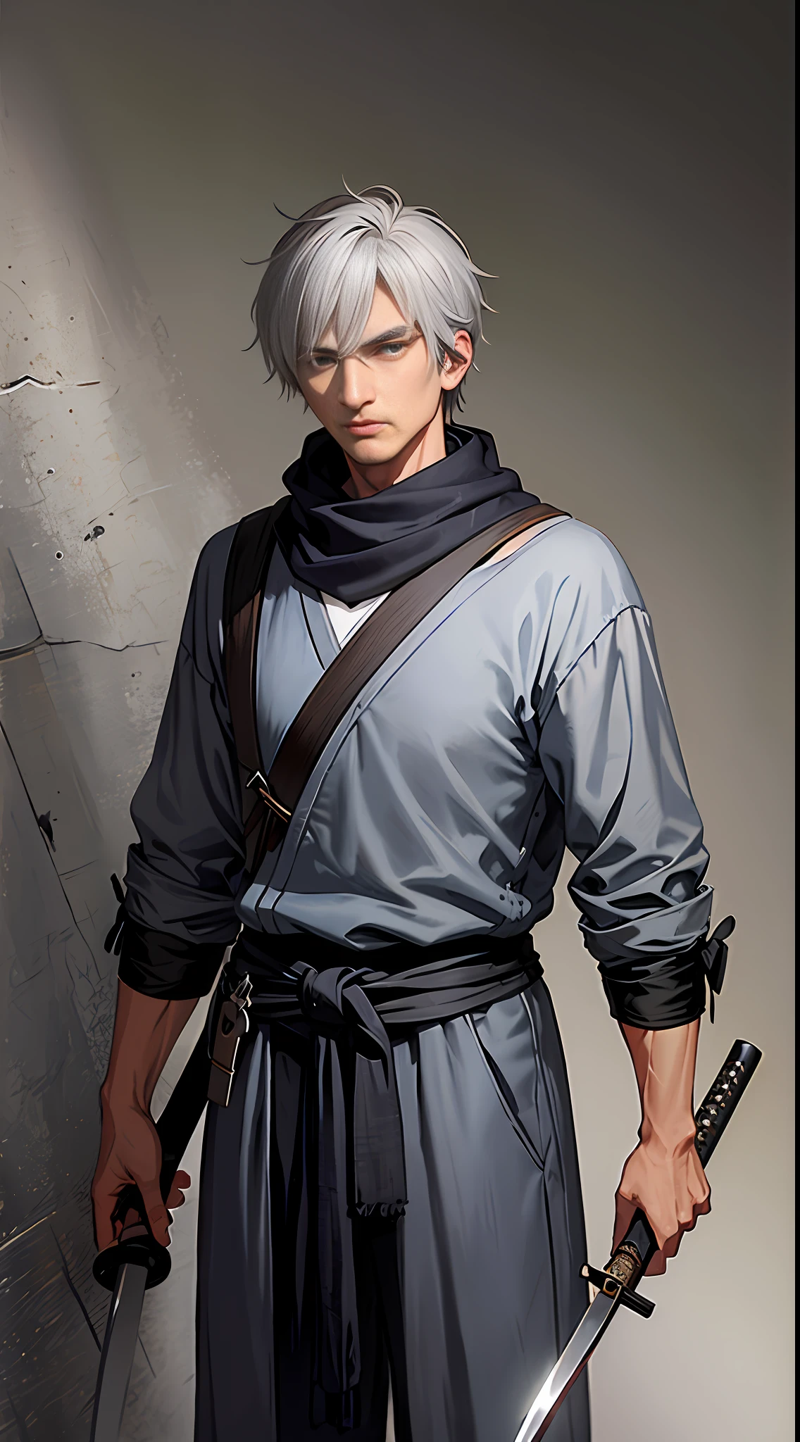 A rebellious man of 26 with shivering gray hair and silver eyes, his clothing is gray resembling a villager, he carries a katana (senary a foggy village)