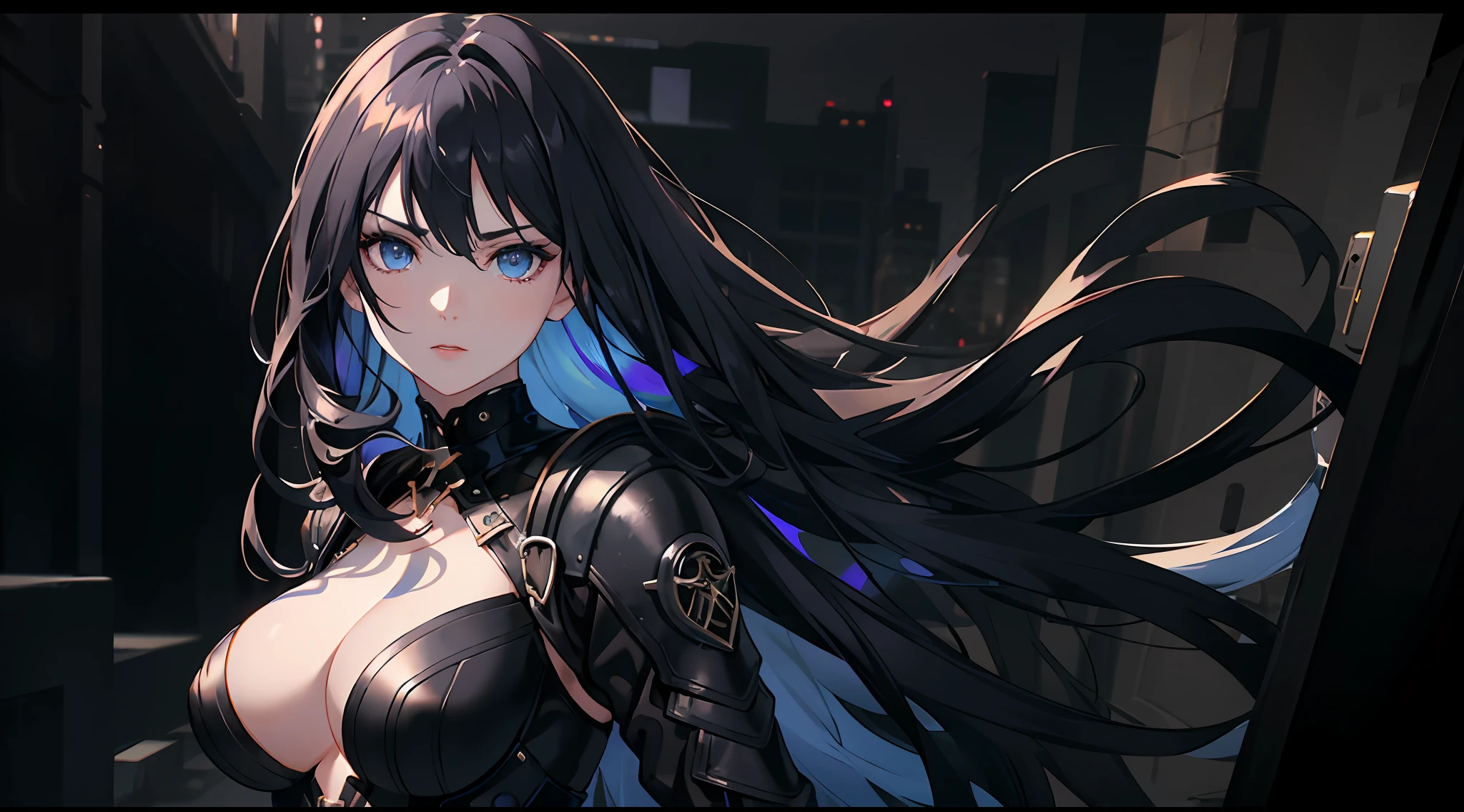 pixiv, 1girl, bangs, dark purple hair half blue, deep and detailed blue eyes, melancholic expression, black leather clothing, serious expression, eyelashes, modern, long hair, slightly wavy hair, neckline, collarbone, black open jacket, lock, medium breasts, shiny skin, badass, seductive, lock, red lips, looking at viewer, closed mouth, cinematic lighting, pale skin, dark background, wavy hair,  {beautiful detailed eyes:1.5}, detailed black clothing, cinematic light, shaded face:1.5, dynamic angle:1.5, extremely detailed, volumetric lighting, delicate girl, cleavege, mature female, {masterpiece:1.5), {ultradetailed:1.5) film camera, chromatic aberration:1.5) (HDR:1.9), (CG:1.5), (specular lighting:1.1) Very dark and detailed background:1.21) expressionless, dark atmosphere, long wavy hair, loose hair, hair ornament,  dynamic angle, dynamic pose, dramatic shadow, cinematic shadow, hard shadows:1.21), {traditional media:1.5), expressionless, mature female, mysterious look, sharp eyes, modern landscape, modern, focus on torso, focus on face, dynamic pose, pants