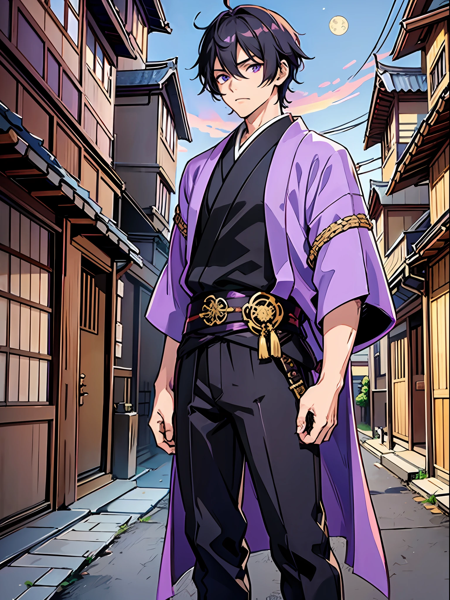 purple haori kimono, the main character, (1boy), (1male), (((male))), looking at the viewer, good hands, five fingers, black pupils, purple eyes, vibrant, colorful, amazing quality, better fingers, five fingers, detailed hands, detailed eyes, masterpiece, best quality, anime style, tanjiro kamado, best feet, best hands, absurd resolution, anime screencap, 1boy, standing, wearing a white and purple haori, black shirt underneath, black hair, tall, full body, short hair, in the style of demon slayer, violet eyes, katana on hip, outside, moon in the sky, steampunk city, pagoda, steampunk, high resolution, looking at the viewer, determined, in a fighting stance, edo period, masterpiece, best quality, sharp, anime screencap, detailed eyes