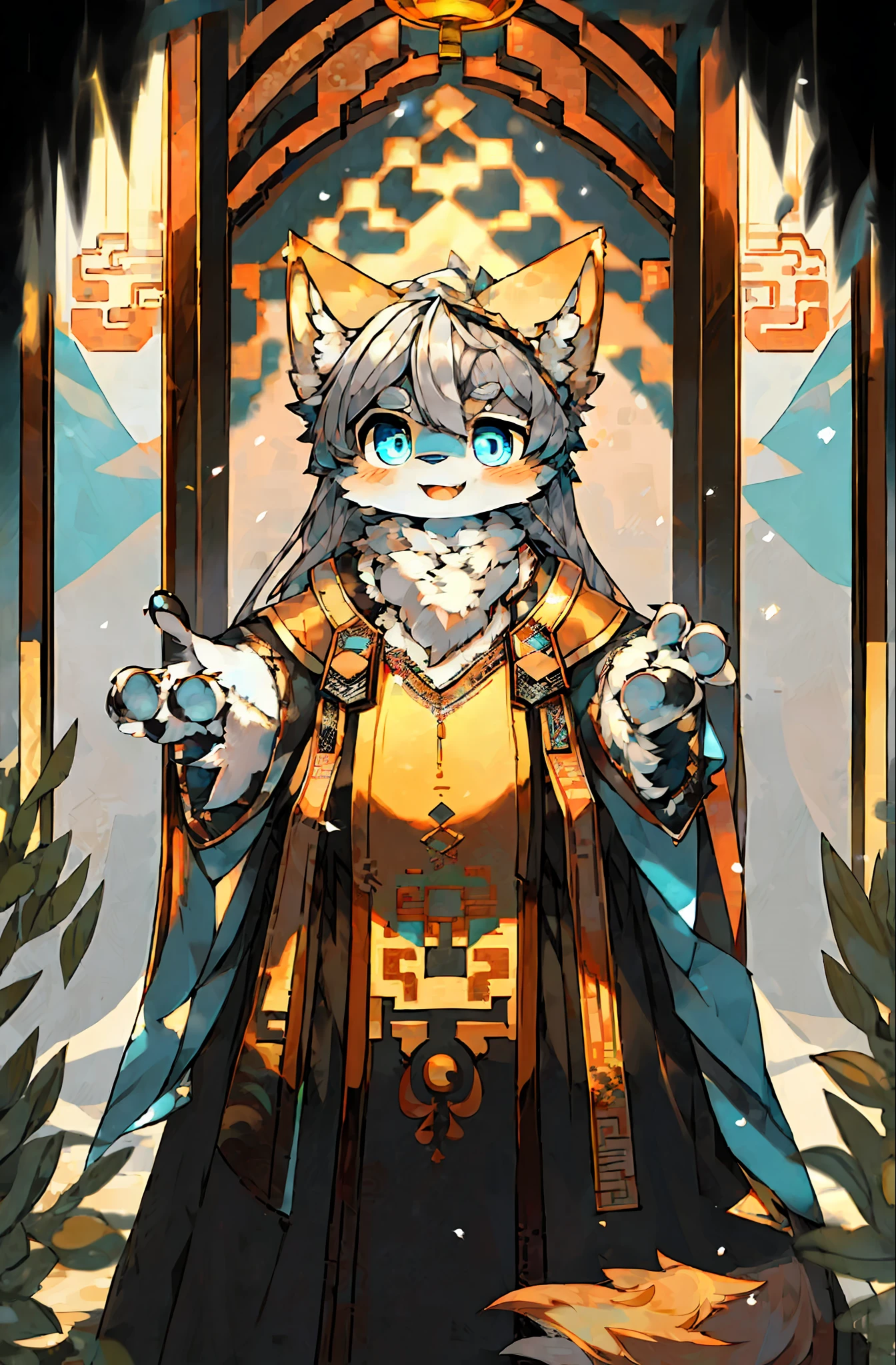 (1 boy:1.3), fox boy, (furry:1.5), light blue fur, blue eyes, blonde, body fur with big belly, super cute face, beautiful lights and shadows, ambient light, super detailed fur, (full body: 1.1), perfect lighting, light particles, (masterpiece), (super detailed), sharp focus, light particles, niji, eye look, blush, colored hair, long hair, silver hair, smile, solo, looking at the audience, smile, solo, furry, animal ear fluff Open Dress, Tail, Open Mouth, (Best Quality) JW3, (Chinese Art), Long Dress, Depth of Field,