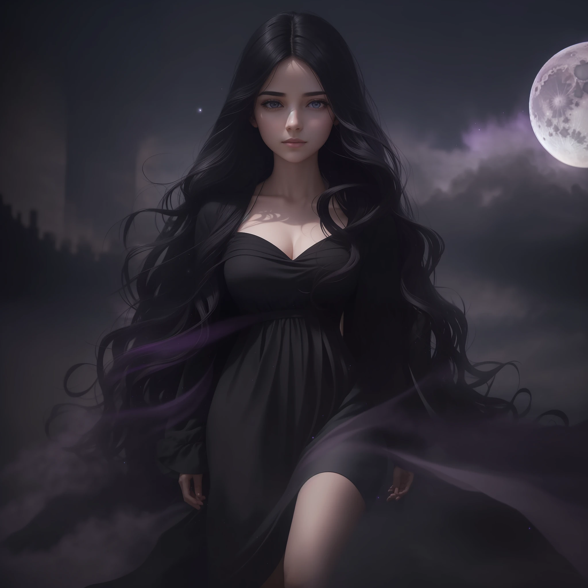 Woman walking down a road at night towards a city and a distant man blurred, with fog and shadows, wavy and long black hair, high quality, ultra-detailed, 8k, masterpiece, (volumetric lighting), black magic, fanciful, lilac colors, purple, shadows and vivids around the woman, magic in their hands and a moon behind --auto --s2
