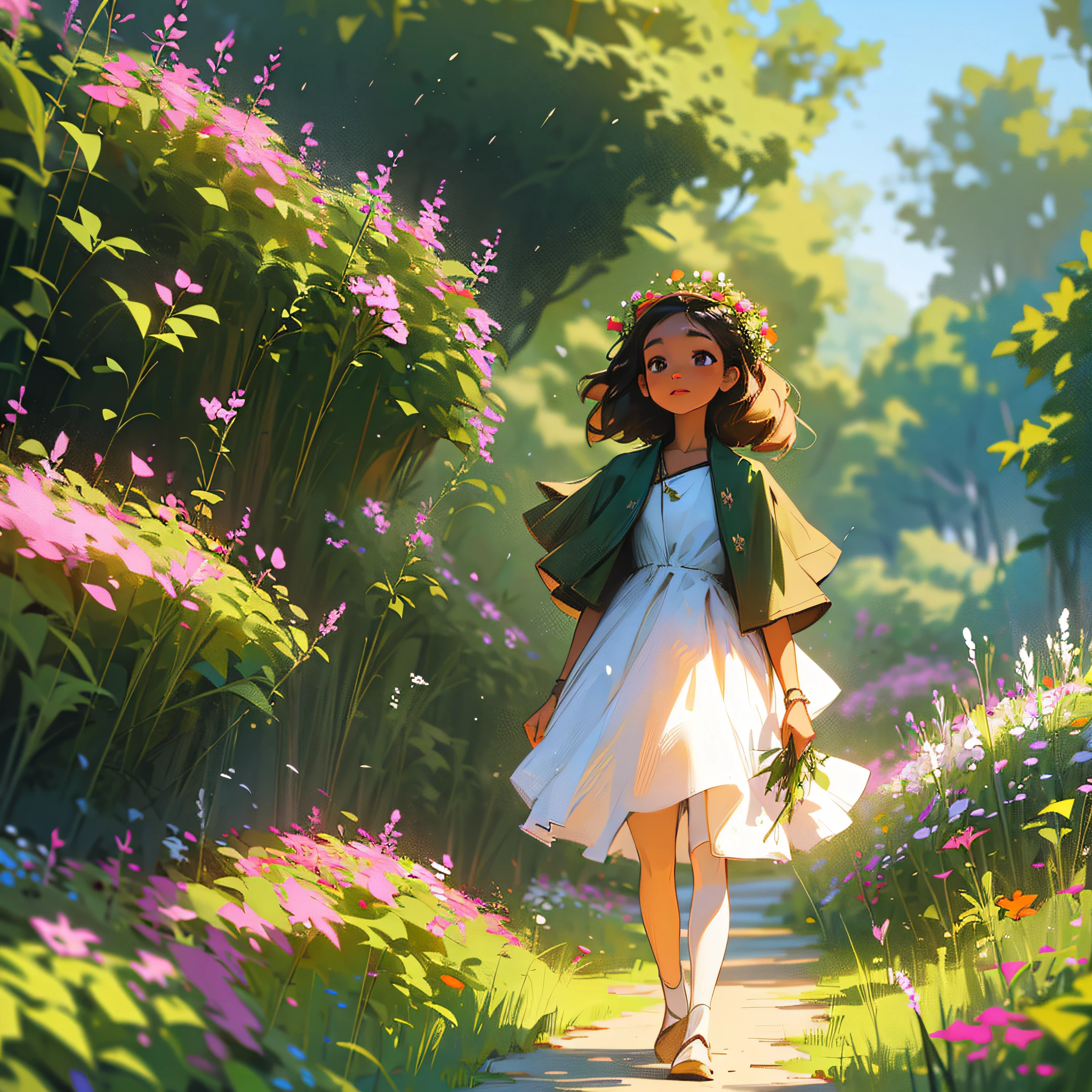 (YVIAN) There is a girl standing in front of a bush of flowers, girl in flowers, walking in the garden, light-skinned African girl, standing in a botanical garden, small child, flowers on the cheeks of the heir, among foliage, she is the center of the garden, young, frontal girl in a field of flowers, girl standing in the field of flowers (8k, Photorealistic, Unreal5) --auto --s2