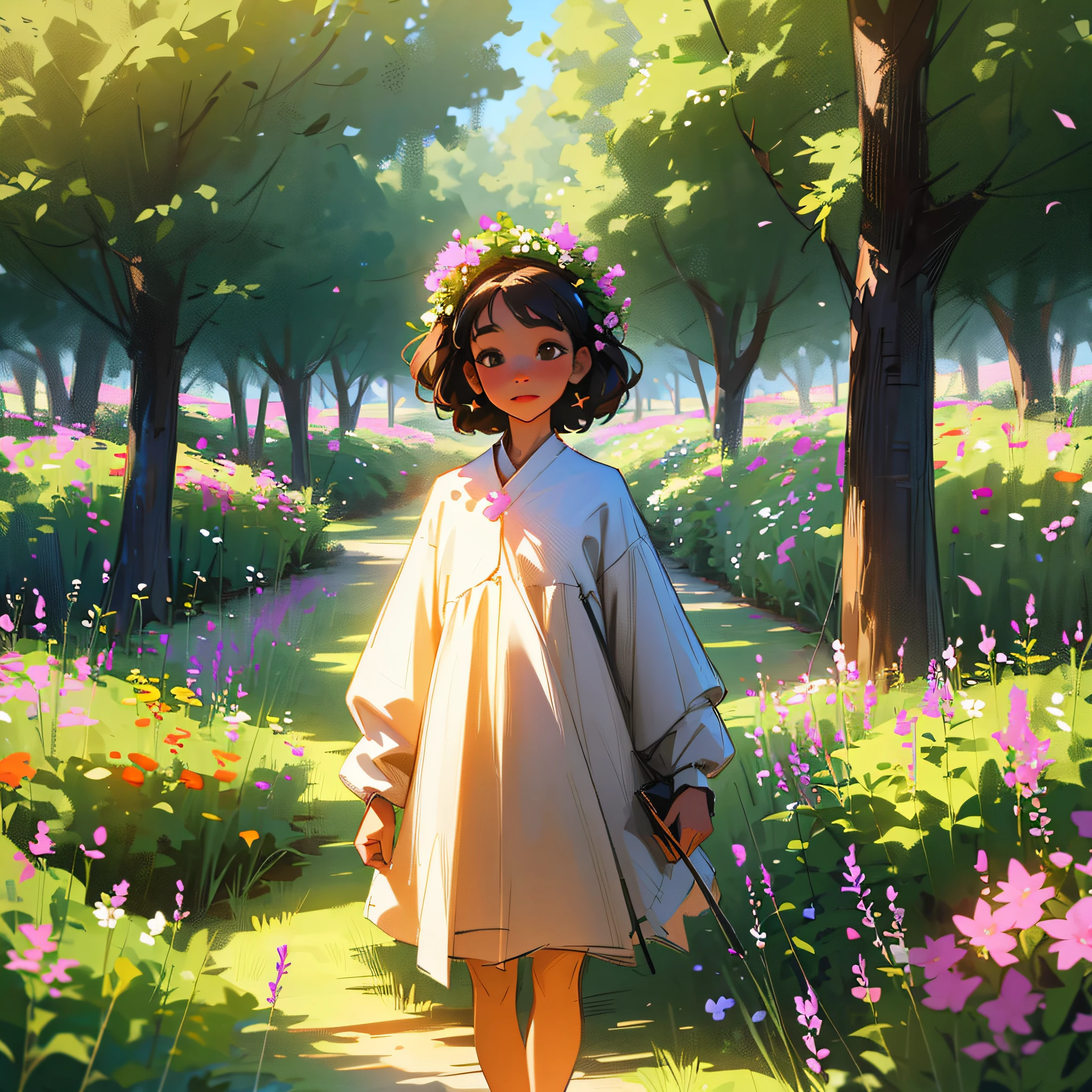 (YVIAN) There is a girl standing in front of a bush of flowers, girl in flowers, walking in the garden, light-skinned African girl, standing in a botanical garden, small child, flowers on the cheeks of the heir, among foliage, she is the center of the garden, young, frontal girl in a field of flowers, girl standing in the field of flowers (8k, Photorealistic, Unreal5) --auto --s2
