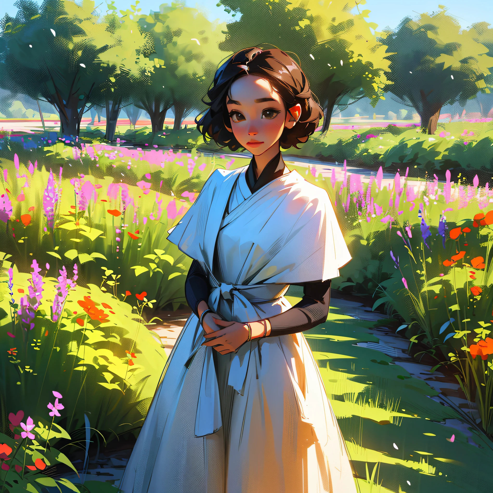 (YVIAN) There is a girl standing in front of a bush of flowers, girl in flowers, walking in the garden, light-skinned African girl, standing in a botanical garden, small child, flowers on the cheeks of the heir, among foliage, she is the center of the garden, young, frontal girl in a field of flowers, girl standing in the field of flowers (8k, Photorealistic, Unreal5) --auto --s2