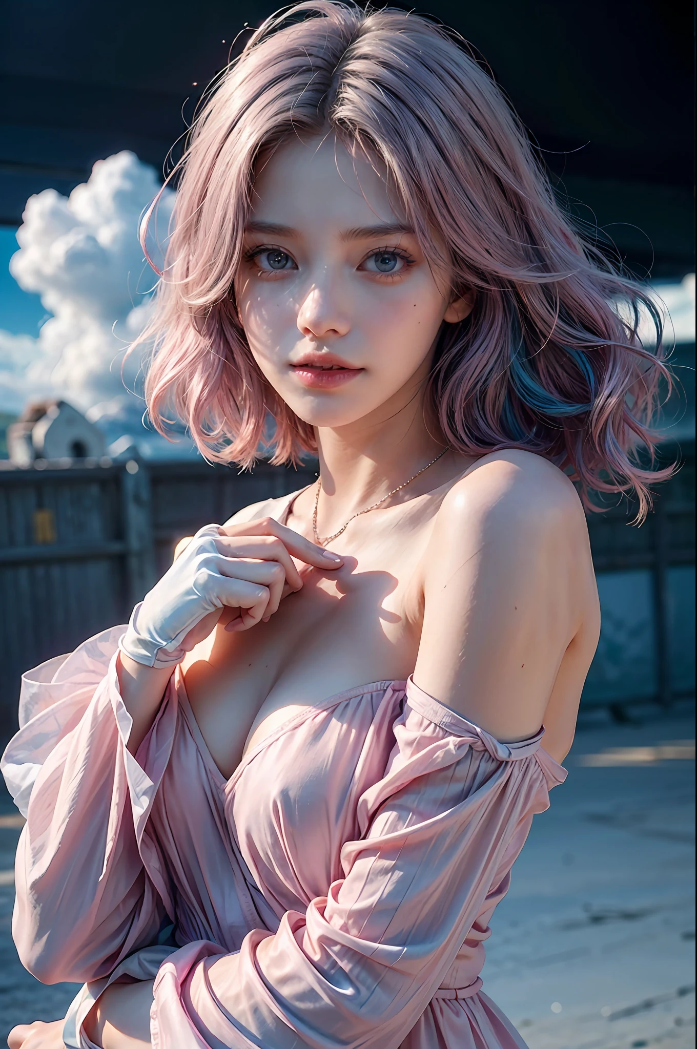 (masterpiece,realistic, best quality:1.4), excited girl, 1girl, pokies,she is pointing out to the right hand side, wavy short hair, ((mix pink-blue hair)), floating hair by wind blow, solo, slender, slim waist,white gloves, gloves, (white teeth smile), looking at viewer, short hair,jewelry, detailed face and eyes, delicate and beautiful face,upon_body, tyndall effect,photorealistic, dark studio, rim lighting, two tone lighting,(high detailed skin:1.2), 8k uhd, dslr, soft lighting, high quality, volumetric lighting, candid, Photograph, high resolution, 4k, 8k, pokies, Bokeh