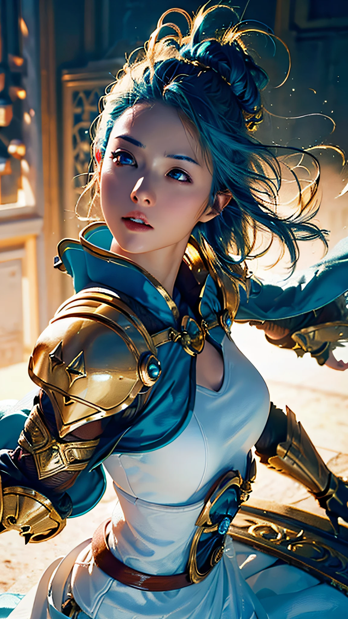 Official Art, Unity 8k wallpaper, ultra detail, masterpiece, best quality, single woman, (very detailed),(RAW photo, best quality), (realistic, photorealistic: 1.3), high definition, ultra-detailed complex 3D rendering of face, (big: 8.8), (highly detailed skin: 1.2), (exposure: 1.1), beautiful white woman with full soft breasts and white skin with big ass, Dynamic Angle, Mystical Expression, Fire Glowing Effect, Fantasy Background, Rim Lighting, Side Light, Cinematic Light, Ultra HD, 8K UHD, Film Grain,Best Shadow, Delicate, RAW, Light Particles, Detailed Skin Texture, Detailed Gemstone Armor Texture, Detailed Face, Intricate Detail, Ultra Detailed, Bright, Strong, Gold Armor, Cleavage, Has a glowing weapon, Has a shield, ((blue hair)), glowing black eyes, long red cloak, fantasy, (realistic),