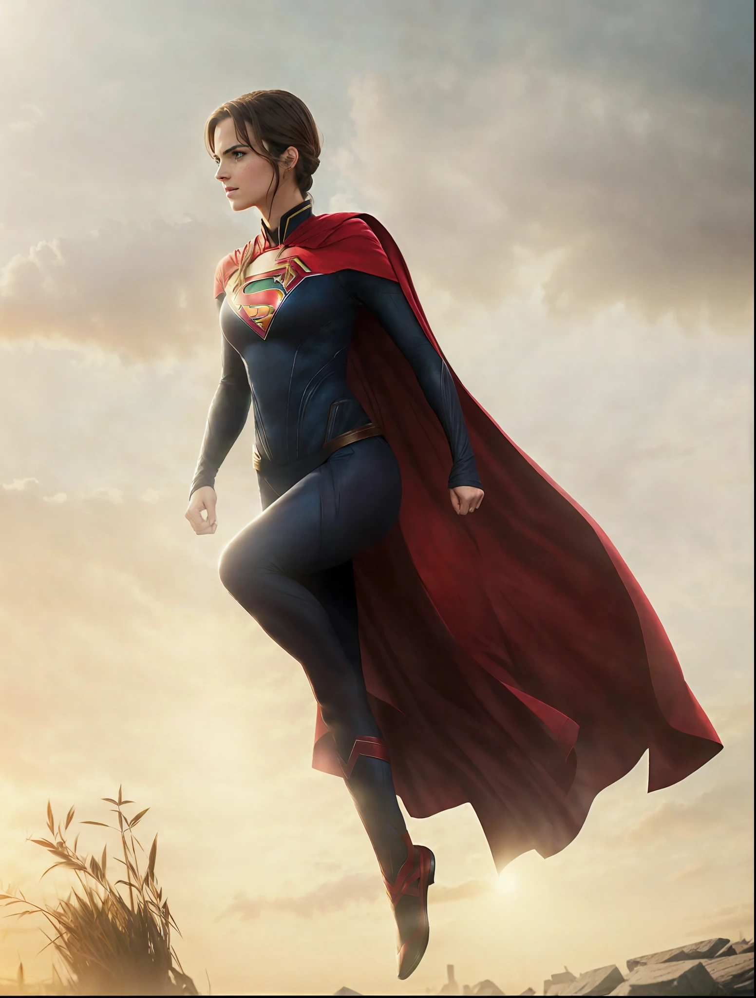 arafed image of a woman(super girl) in a red cape and black outfit (super girl costume), emma watson as supergirl, gal gadot as supergirl, supergirl, textless,, superhero, with cape, super-hero girl, super hero, mila jovovich as spiderwoman, hybrid of gal gadot, emma watson as giant man, fan art, superman pose, (8k UHD, dslr, soft lighting, high quality, film grain, Fujifilm masterpiece, best quality)
