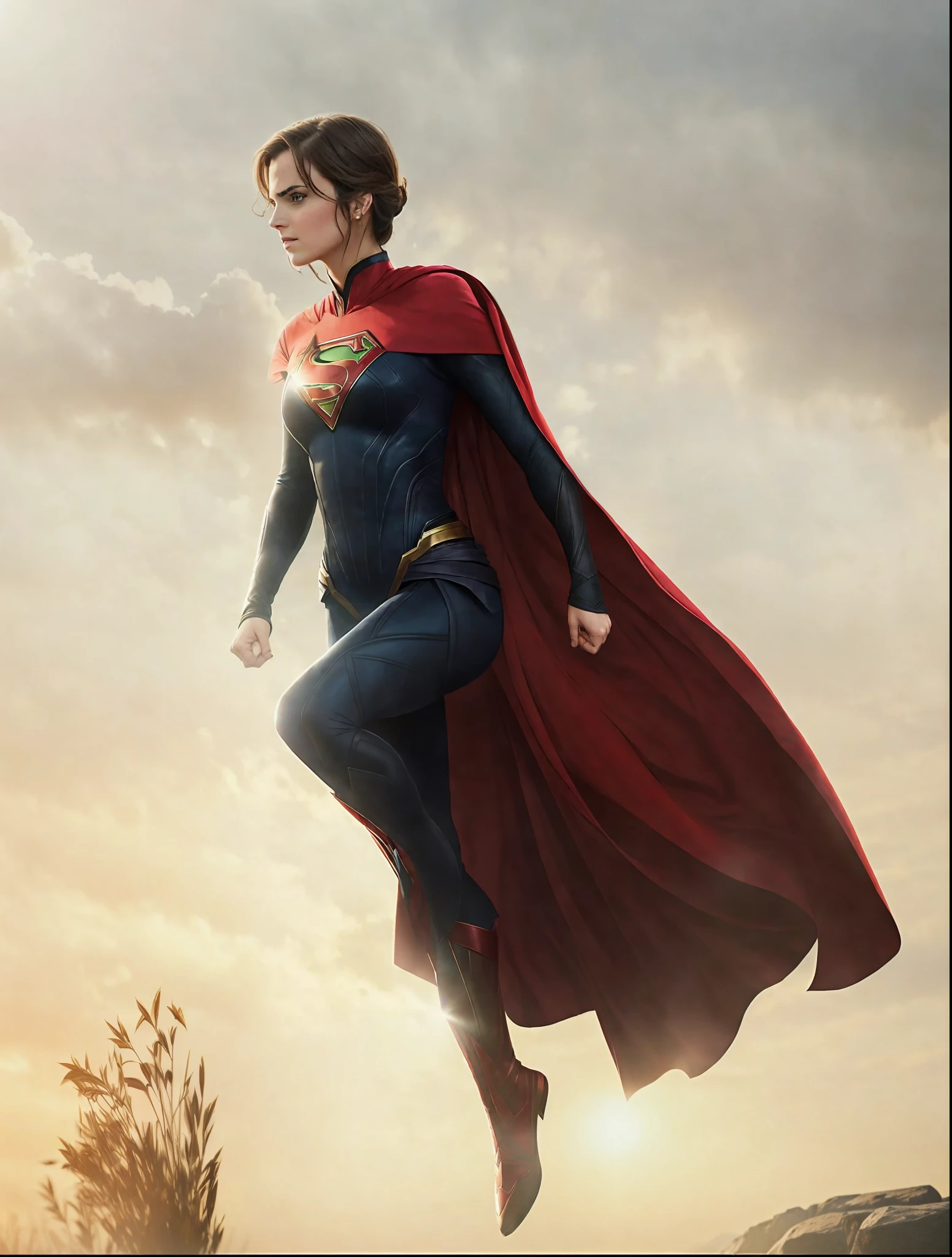 arafed image of a woman(super girl) in a red cape and black outfit (super girl costume), emma watson as supergirl, gal gadot as supergirl, supergirl, textless,, superhero, with cape, super-hero girl, super hero, mila jovovich as spiderwoman, hybrid of gal gadot, emma watson as giant man, fan art, superman pose, (8k UHD, dslr, soft lighting, high quality, film grain, Fujifilm masterpiece, best quality)
