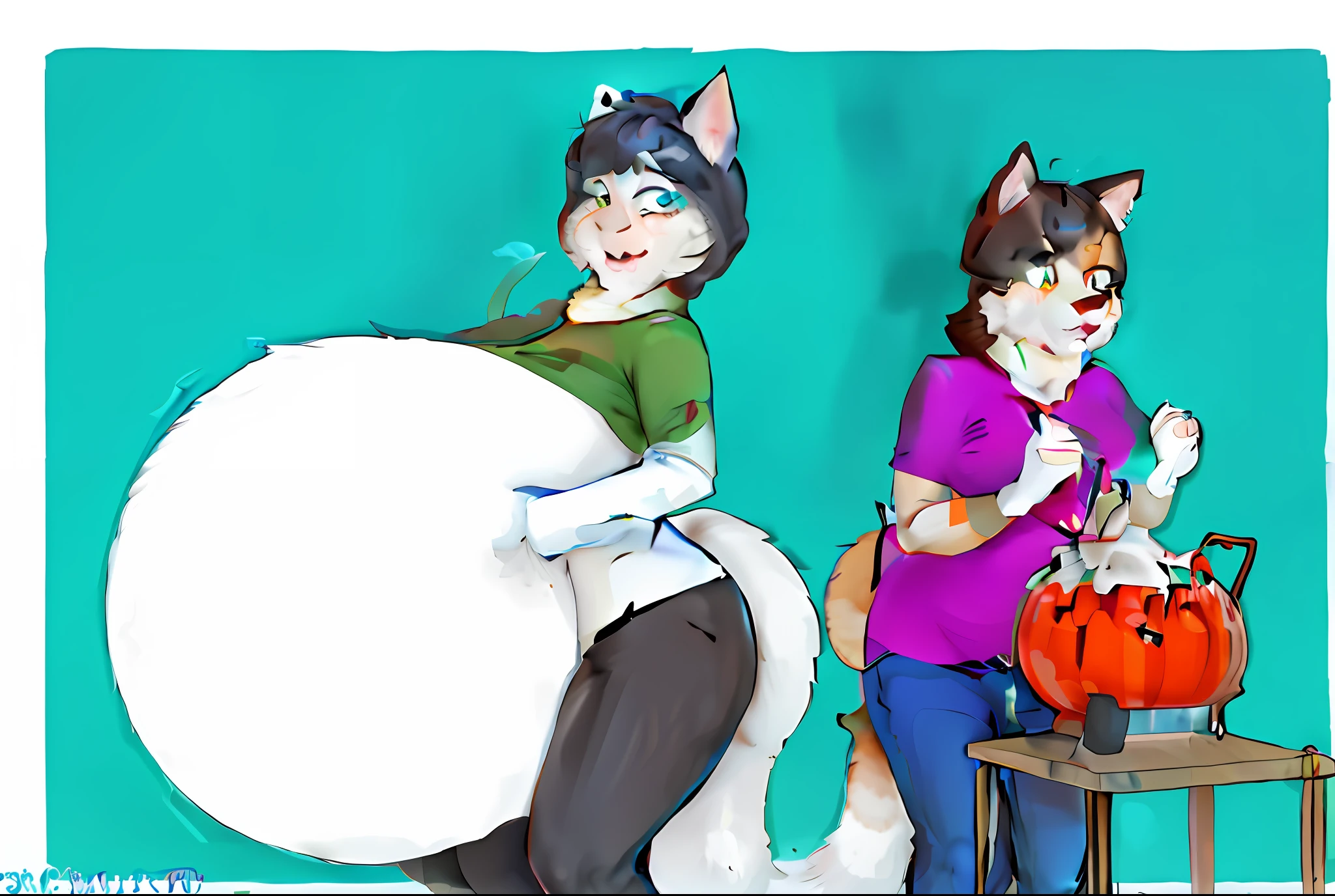 cartoon of a woman and a cat standing next to each other, furries wearing tails, (sfw) safe for work, thick fluffy tail, furry fursona, fursona furry art commission, fursona!!!!, fursona commission, thicc, furry convention, professional furry drawing, insanely inflated hips, fursona art, wolf fursona, oc commission