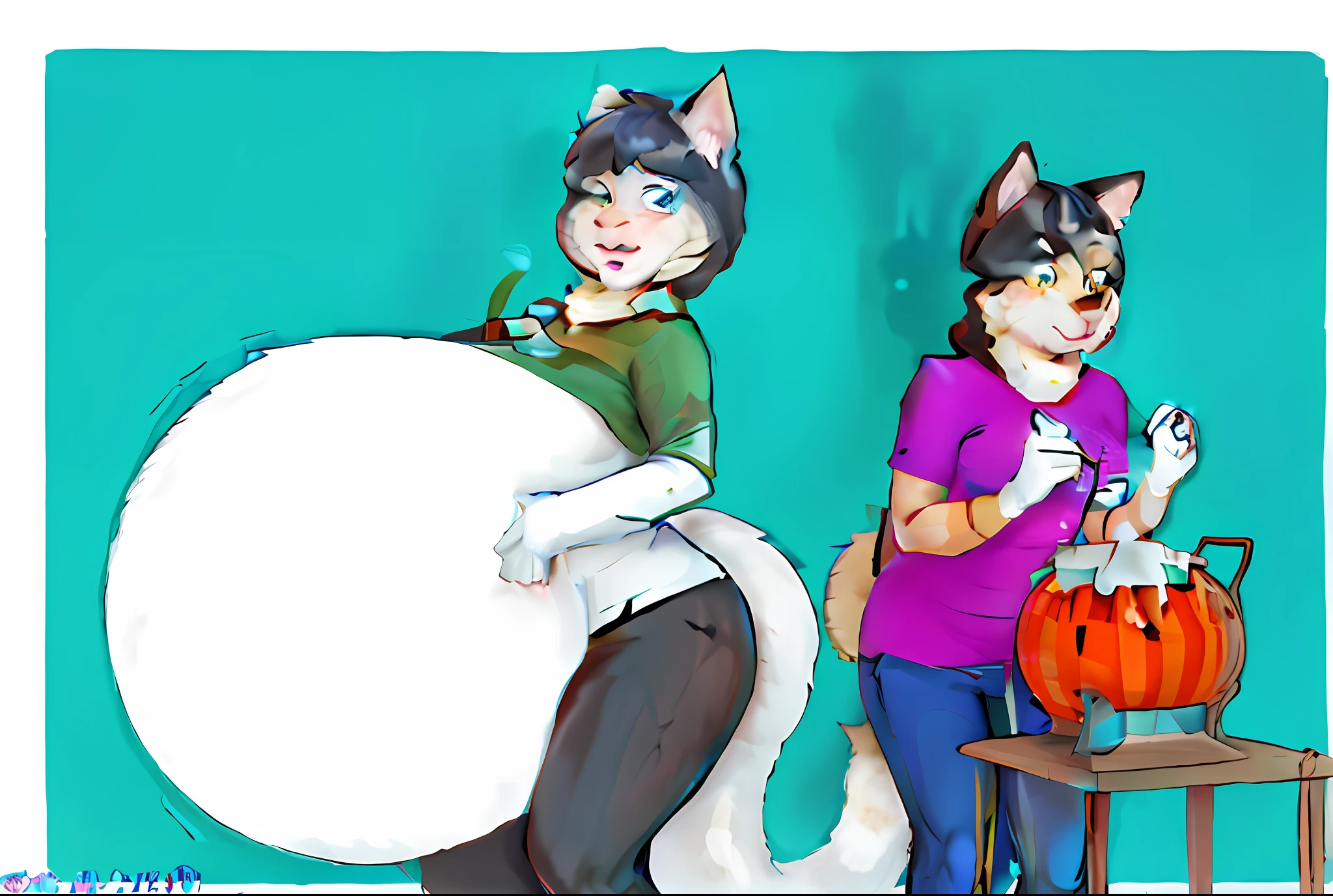 cartoon of a woman and a cat standing next to each other, furries wearing tails, (sfw) safe for work, thick fluffy tail, furry fursona, fursona furry art commission, fursona!!!!, fursona commission, thicc, furry convention, professional furry drawing, insanely inflated hips, fursona art, wolf fursona, oc commission