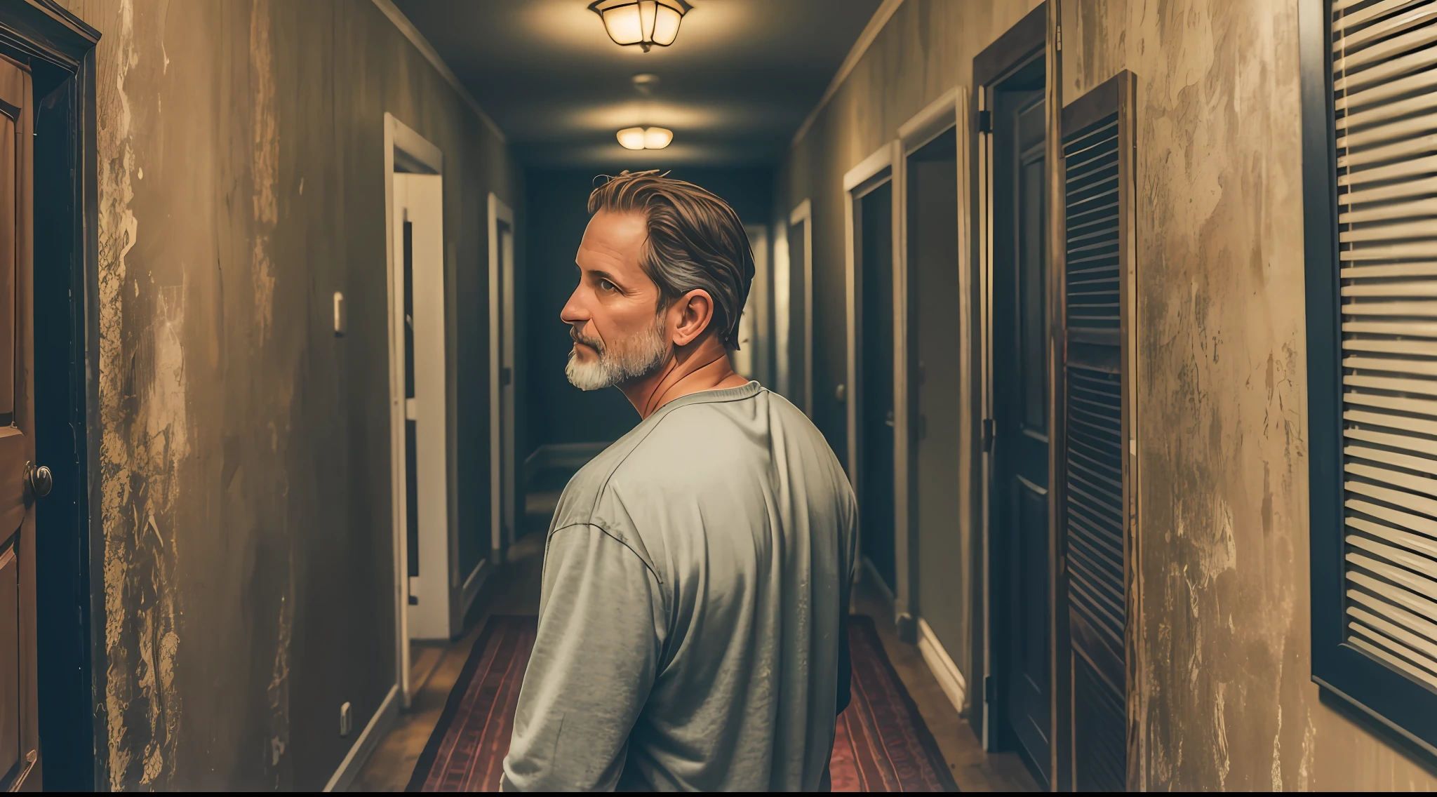 A 43-year-old man, with his back in an old, dark, low-light hallway, 90's clothes, interior background of an old house