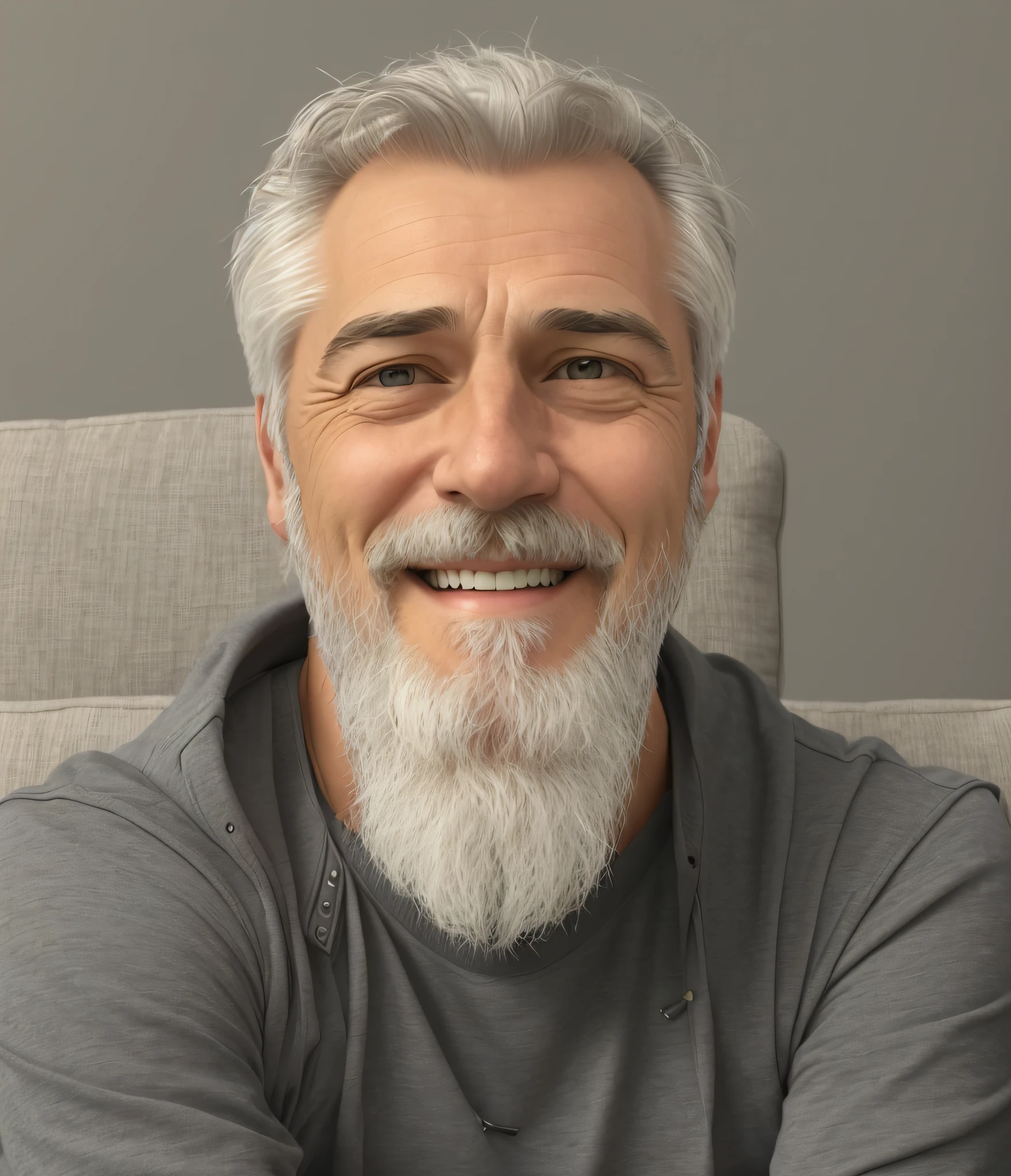 Smiling man with gray hair and beard sitting on a couch, anime, realistic animation style, photo of a 50-year-old white man, profile picture
