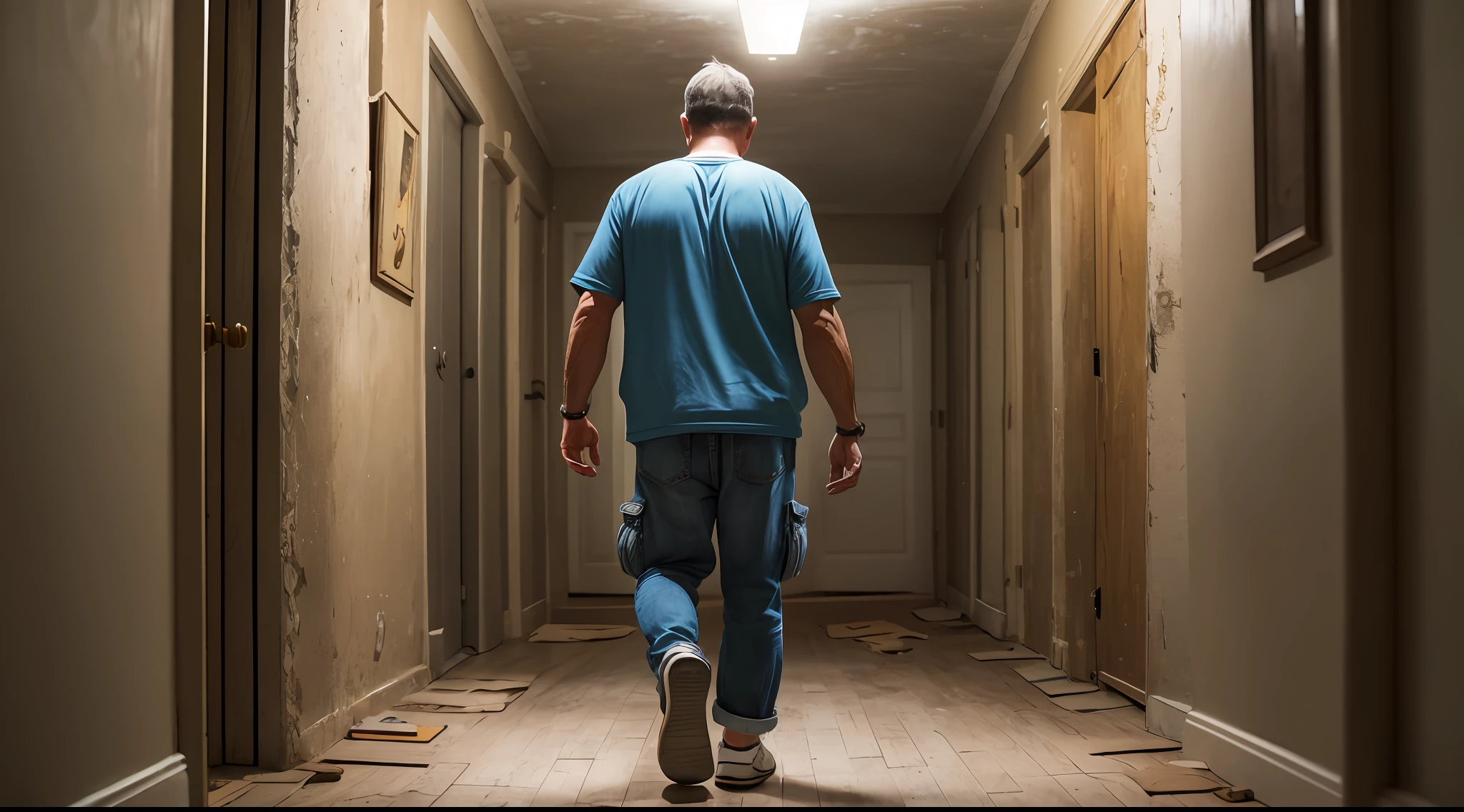 A 43-year-old man, with his back in an old, dark, low-light hallway, 90's clothes, interior background of an old house