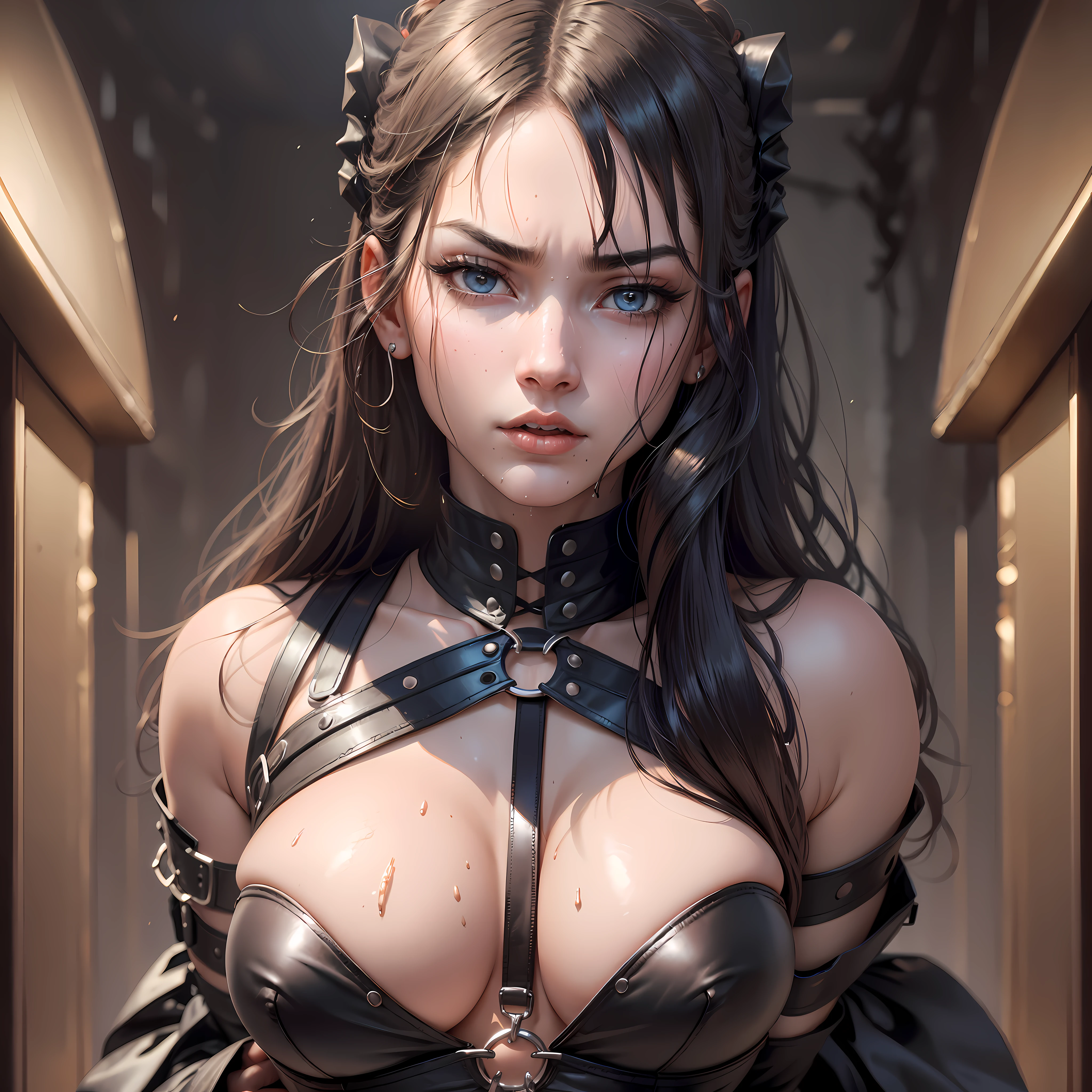 Angry Face, BDSM,slave,Rubber,Black Corset,Bondage,Collar,NSFW,((Best Quality, 8k, Masterpiece:1.3))), Crisp Focus: 1.2、(Layer Cut, Big:1.2),Beautiful Woman with Perfect Figure: 1.4、Slender Abs:1.2、Wet Body:1.5、Highly Detailed Face and Skin Texture、Detailed Eyes、Double Eyelids,Long Hair --auto --s2