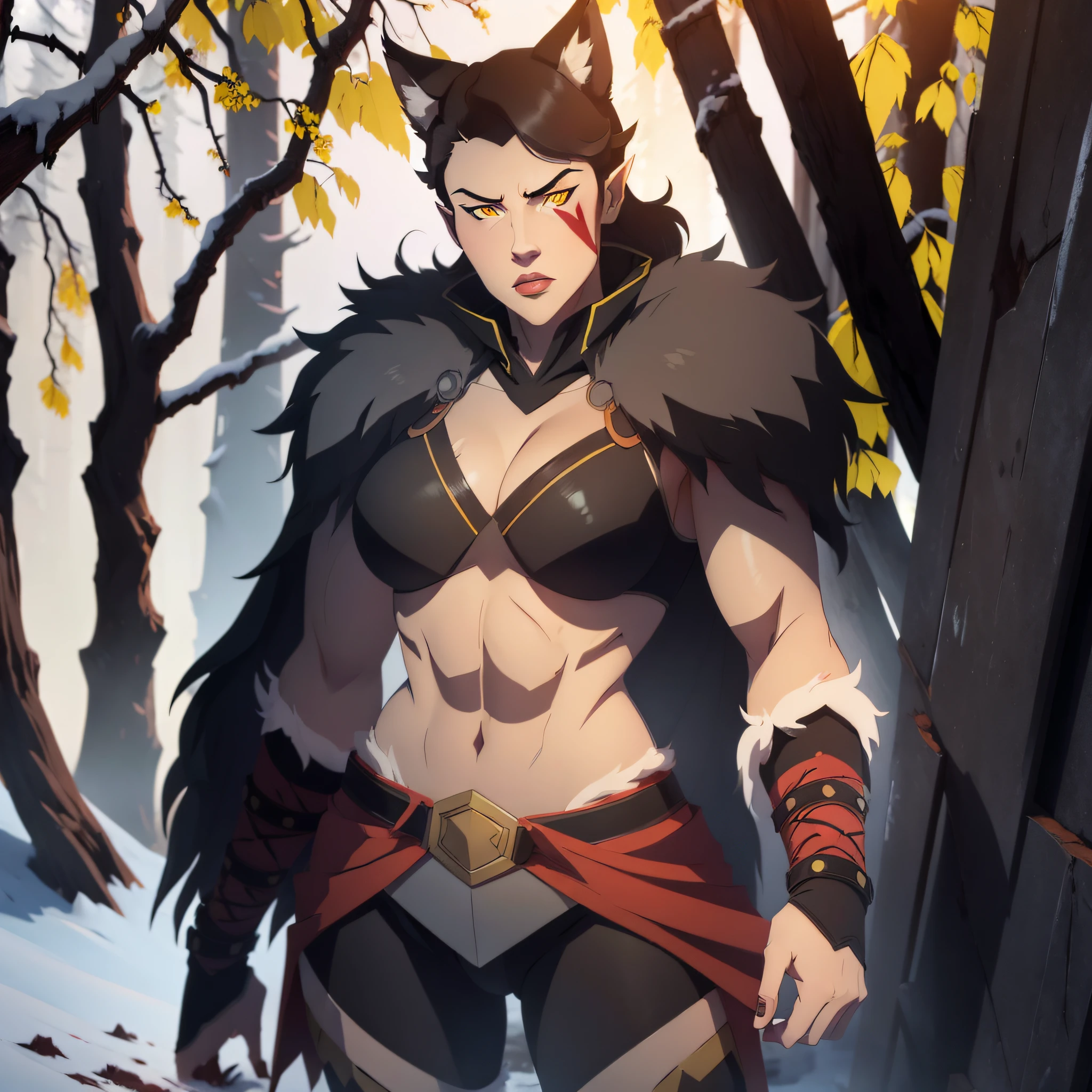 (((1 Female))) barbarian, full body, short hair, black hair, bright yellow eyes, wolf fur coat, pants, red hood, full armor, axe, muscular, war paint, black forest, shadows, wolf ears, dynamic pose