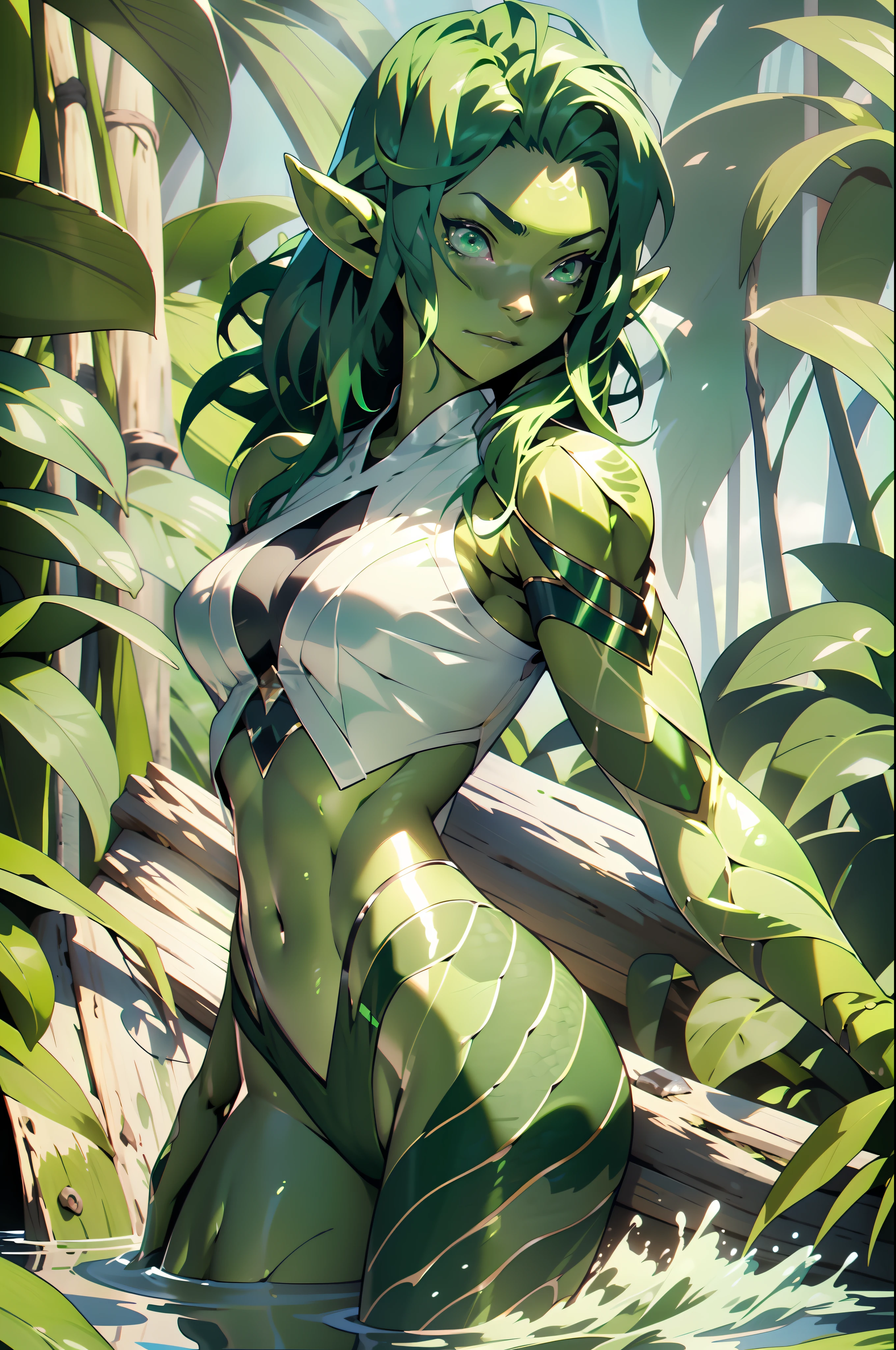 An anime character with green skin, (((green skin))), 35-year-old woman, elf ears, sea creature, scales, coming out of the water, minimal clothes, tiny thong, green hair, bare thigh, navel banding on the breasts, perfect body, large breasts, sexy pose, coming out of the water
