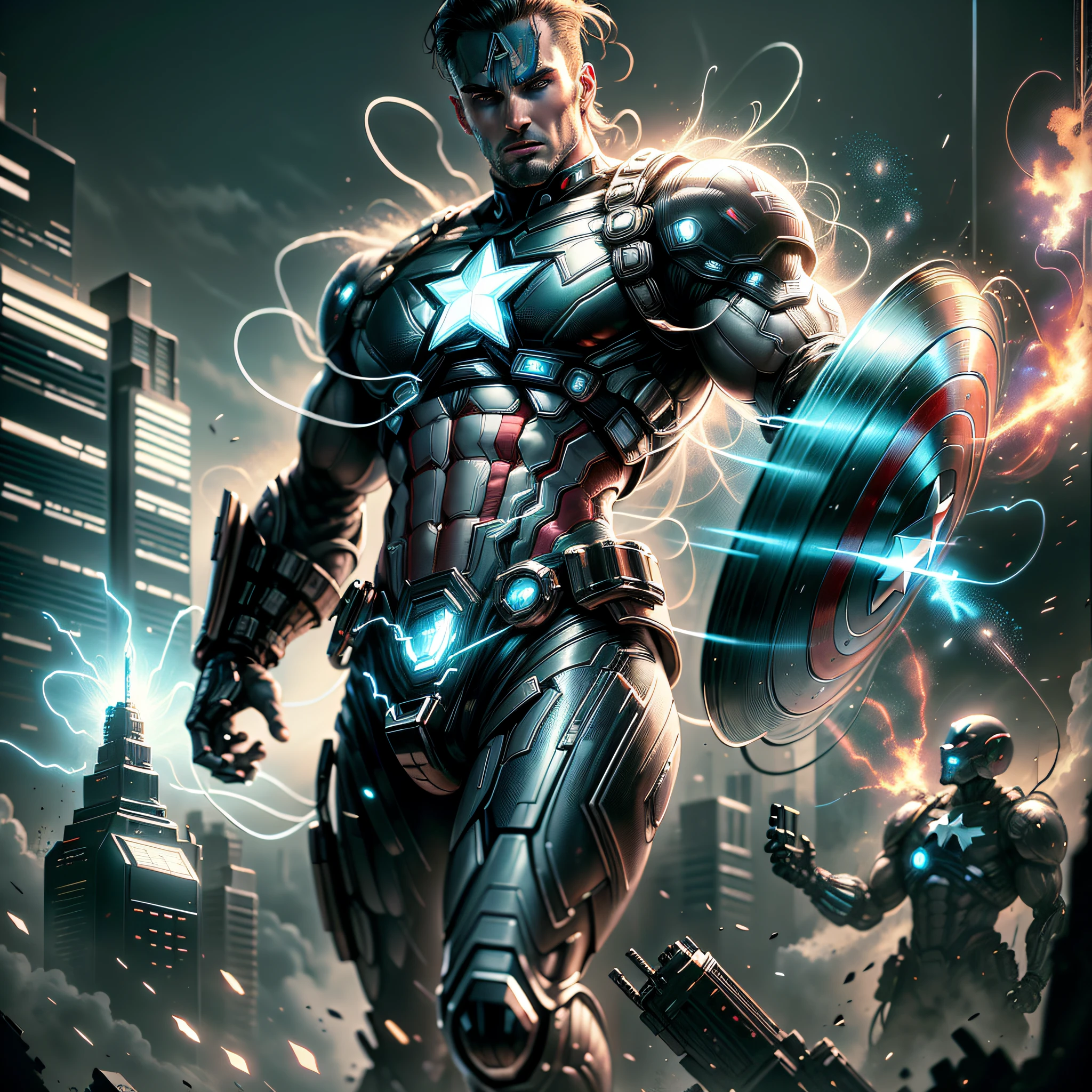 Captain America DC Comics Futuristic Cyber Punk Style (Masterpiece) (Best Quality) (Detailed) (8K) (HDR) (Wallpaper) (Cinematic Lighting) (Sharp Focus) (Intricate) --auto --s2