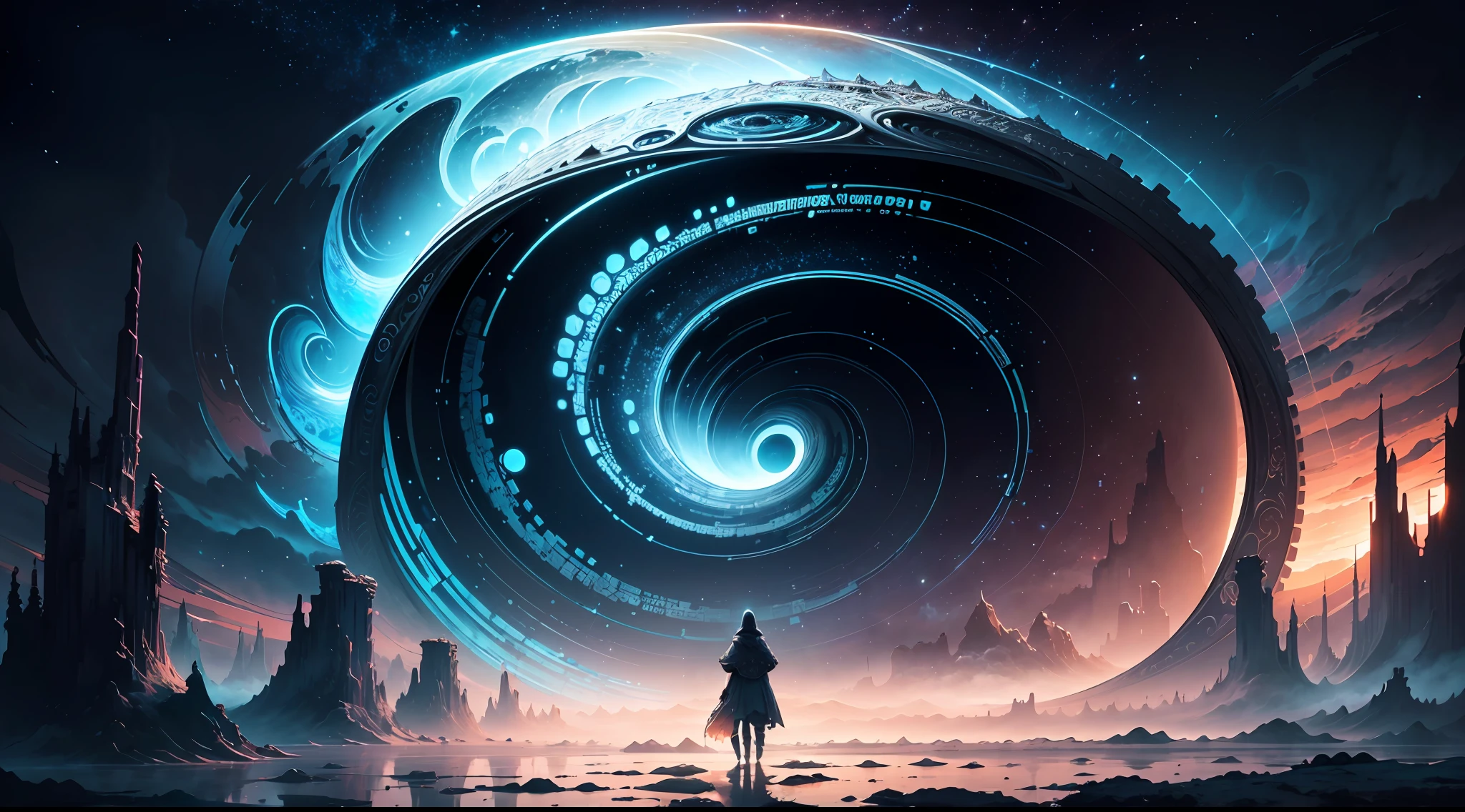 A man standing in front of a giant spiral shaped object - SeaArt AI