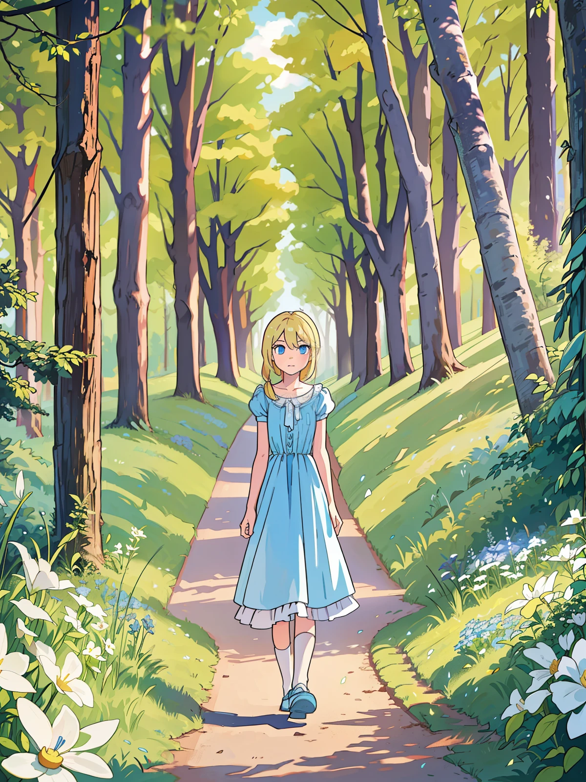 clara, a child with blonde hair, shoulder-length hair, blue eyes, blue dress with white details, similar to that of Alice from Wonderland, walking in a field, near a forest entrance, with large trees in the background (best quality) (By day) (Masterpiece) --auto --s2