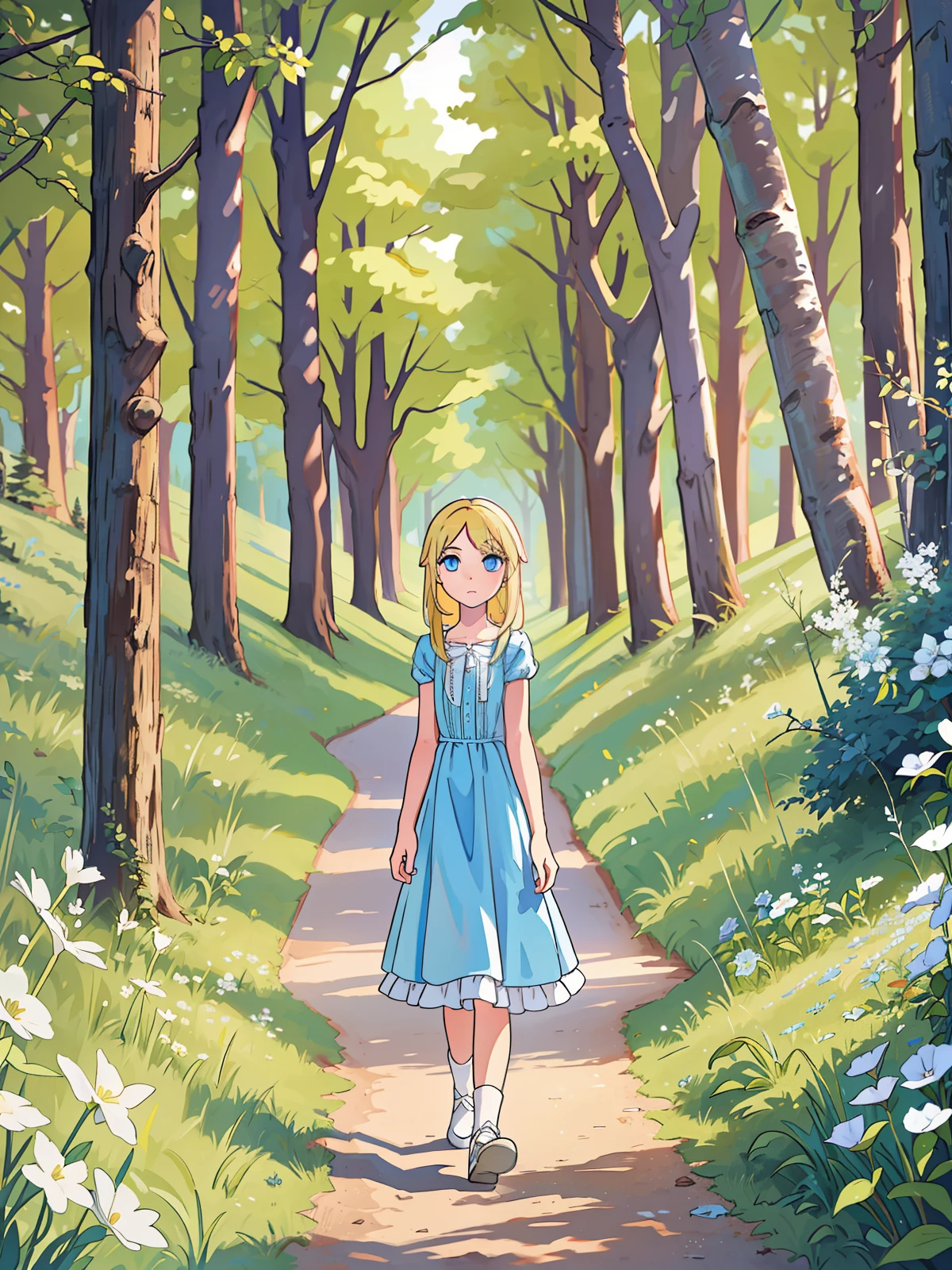 clara, a child with blonde hair, shoulder-length hair, blue eyes, blue dress with white details, similar to that of Alice from Wonderland, walking in a field, near a forest entrance, with large trees in the background (best quality) (By day) (Masterpiece) --auto --s2