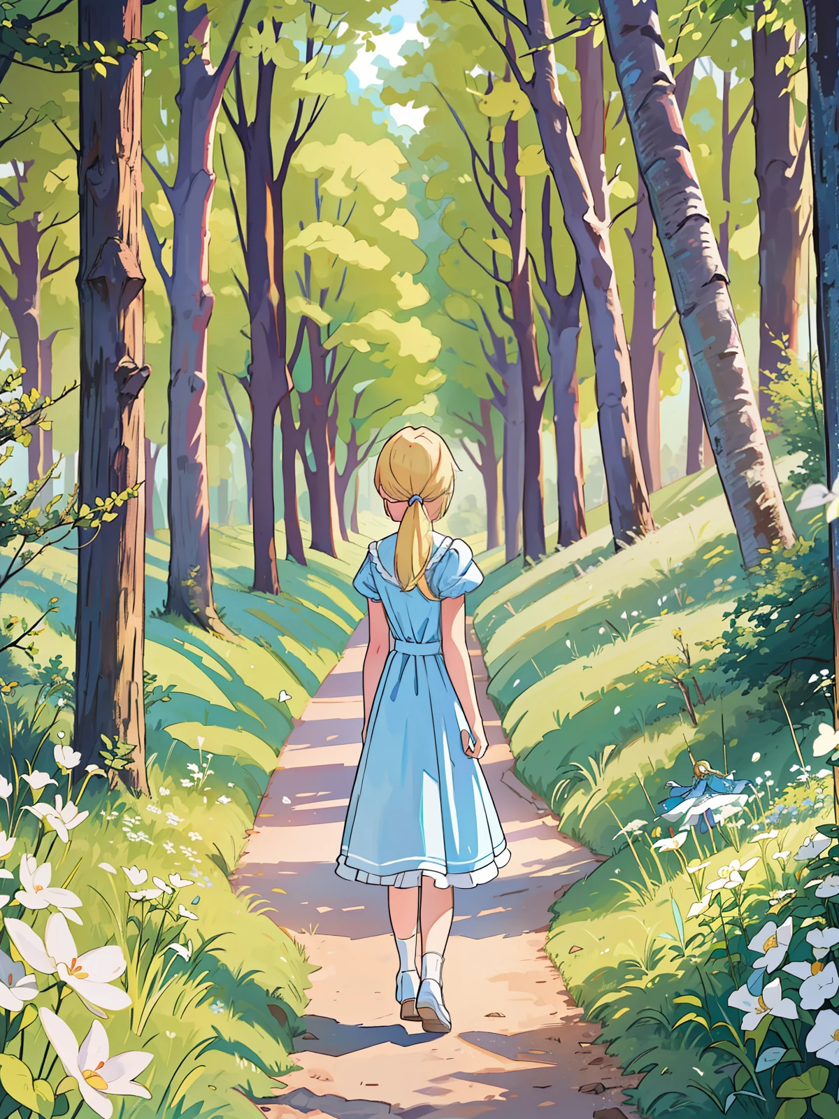 clara, a child with blonde hair, shoulder-length hair, blue eyes, blue dress with white details, similar to that of Alice from Wonderland, walking in a field, near a forest entrance, with large trees in the background (best quality) (By day) (Masterpiece) --auto --s2