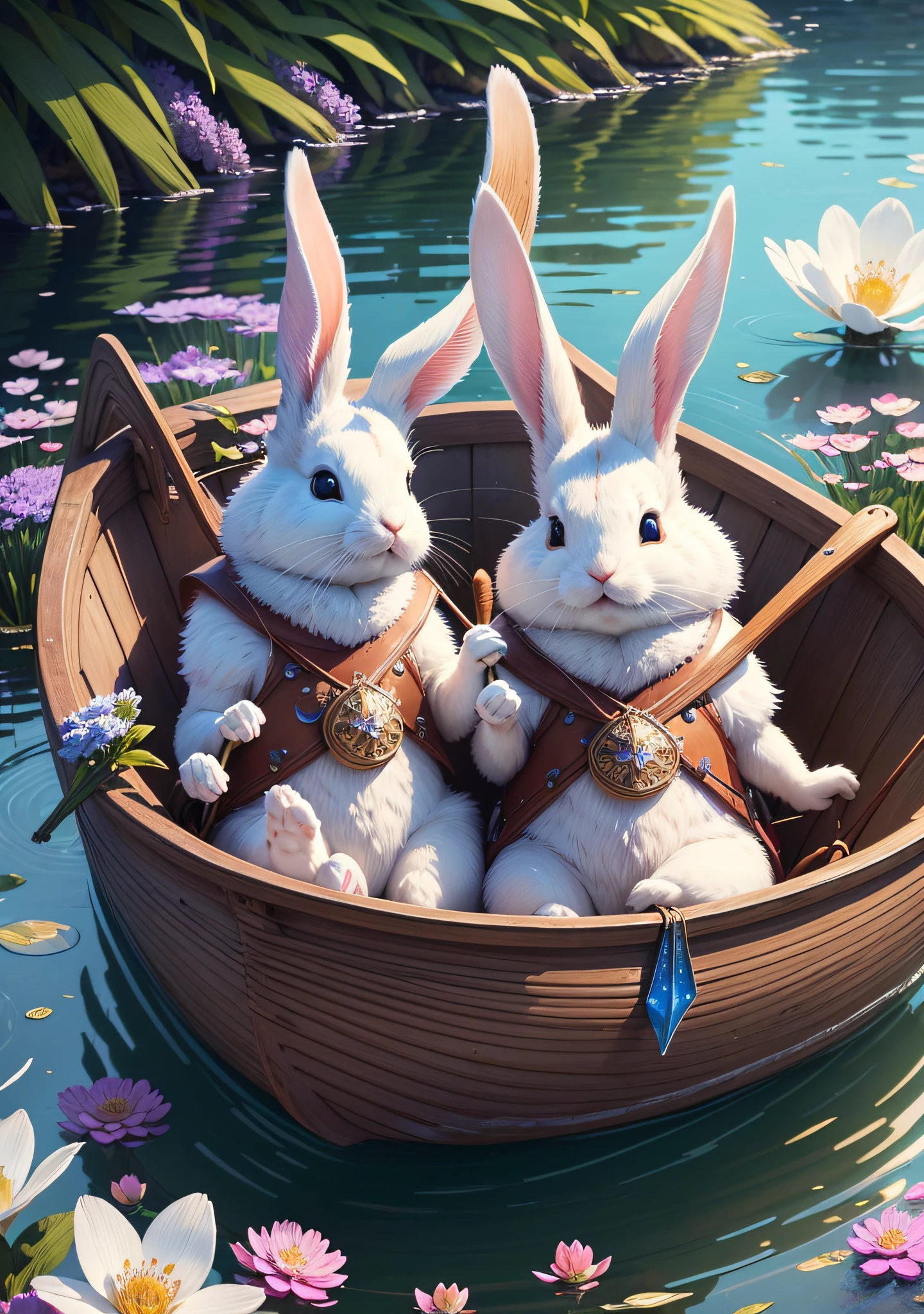 two Rabbit sailing on a small river with a canoe, Crystal, Galaxy, Transparent, windblown flowers, Glitter, Sparkle, brilliant, Colorful, Dramatic Lighting, Light background, realistic photo, super detailed, 4k, High resolution, super fine sharp, High quality, artistic, surrounded by aquatic plants made of mother - of - pearl with exquisite details --auto --s2