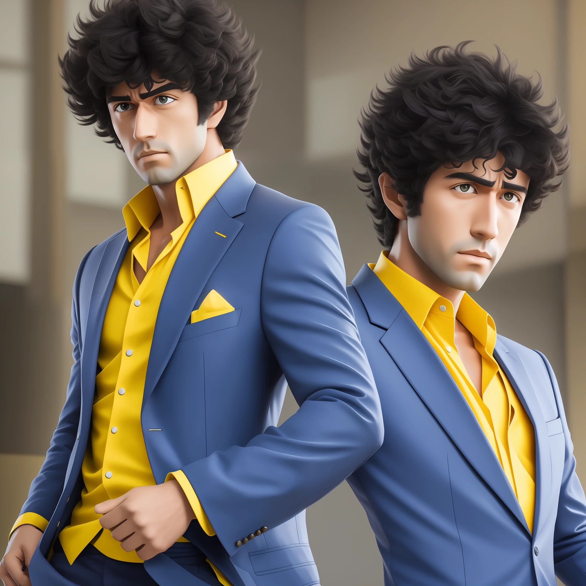 Character Spike Spiegel from the anime Cowboy Bebop in blue suit and yellow shirt, black hair, real, 4K, HD, detailed
