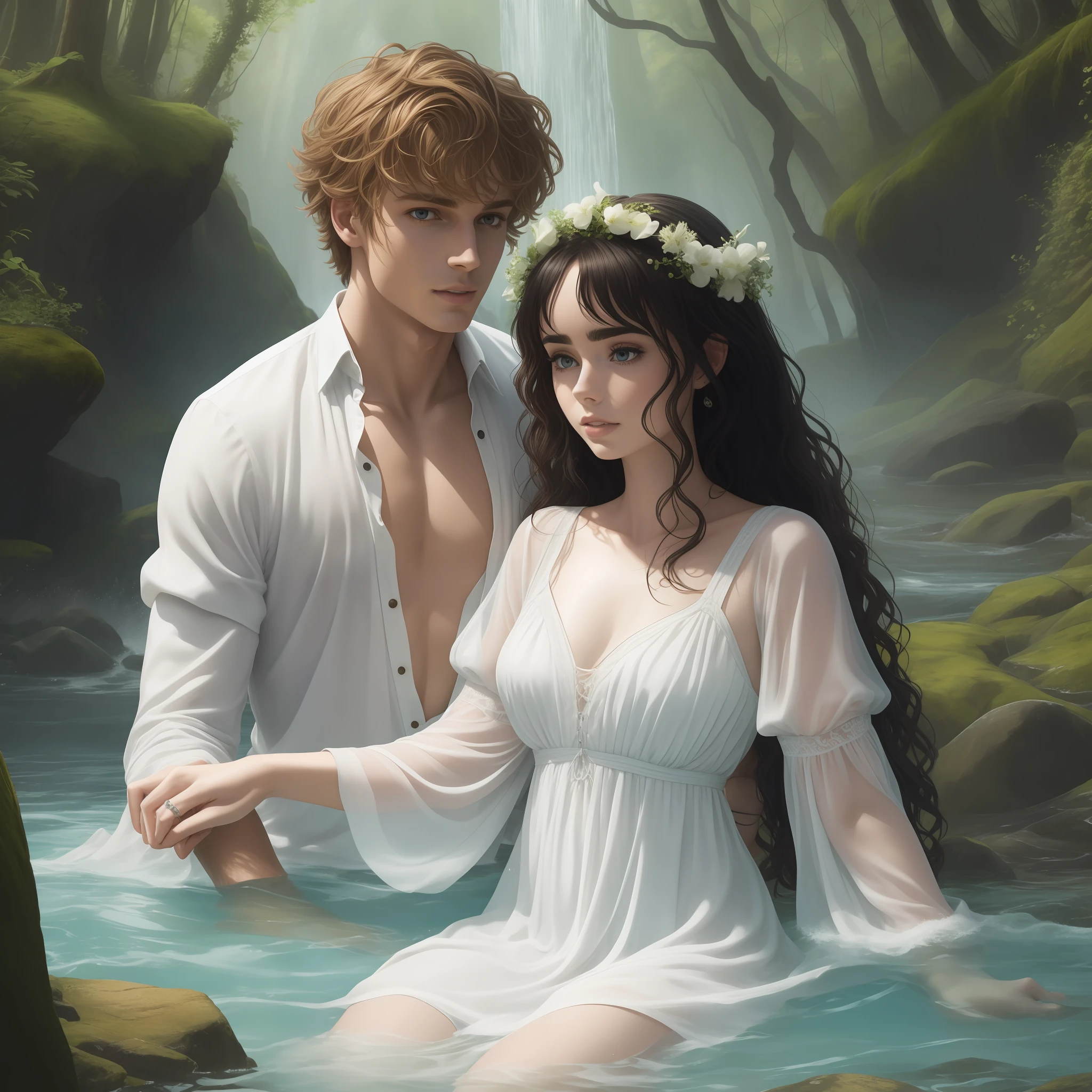 A couple taking a deep river bath together, half the body submerged; the woman is Lily Collins with black curly hair, simple medieval white dress; and the man is Neels Visser blond haired, dressed in a simple medieval long-sleeved shirt; The two are swimming together in a river with waterfall and water is , has a forest, with fish swimming extraordinary and detailed image.