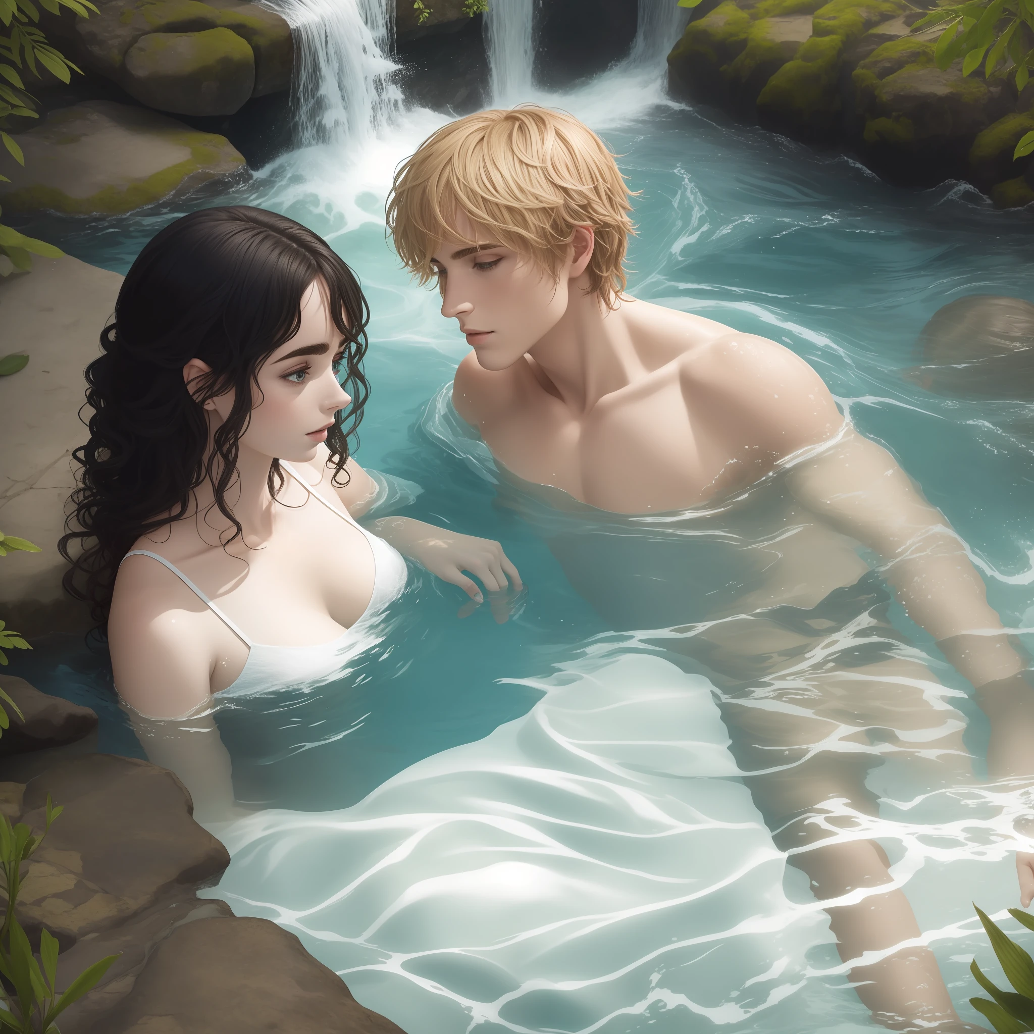 A couple taking a deep river bath together, half the body submerged; the woman is Lily Collins with black curly hair, simple medieval white dress; and the man is Neels Visser blond haired, dressed in a simple medieval long-sleeved shirt; The two are swimming together in a river with waterfall and water is , has a forest, with fish swimming extraordinary and detailed image.
