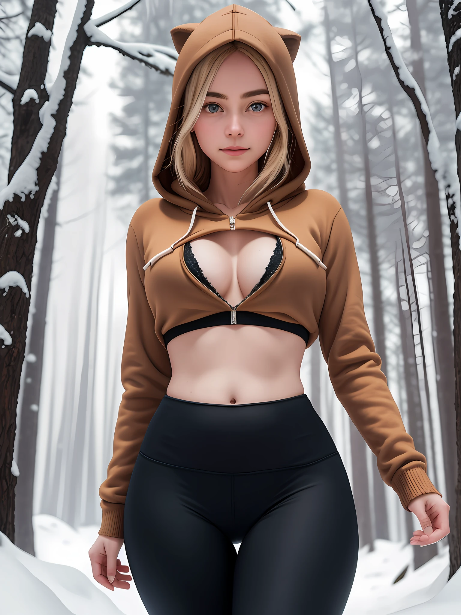 Woman, medium chested, open cleavage, wearing leggings and short top hoodie, camel toes, thigh gaps, detailed eyes, in the snowy forest, seductive, seductive, the best masterpiece, detailed, 8k, HDR, shallow depth of field, wide light, high contrast, backlight, bloom, light flickering, chromatic aberration, smooth, sharply focused, realistic, real person