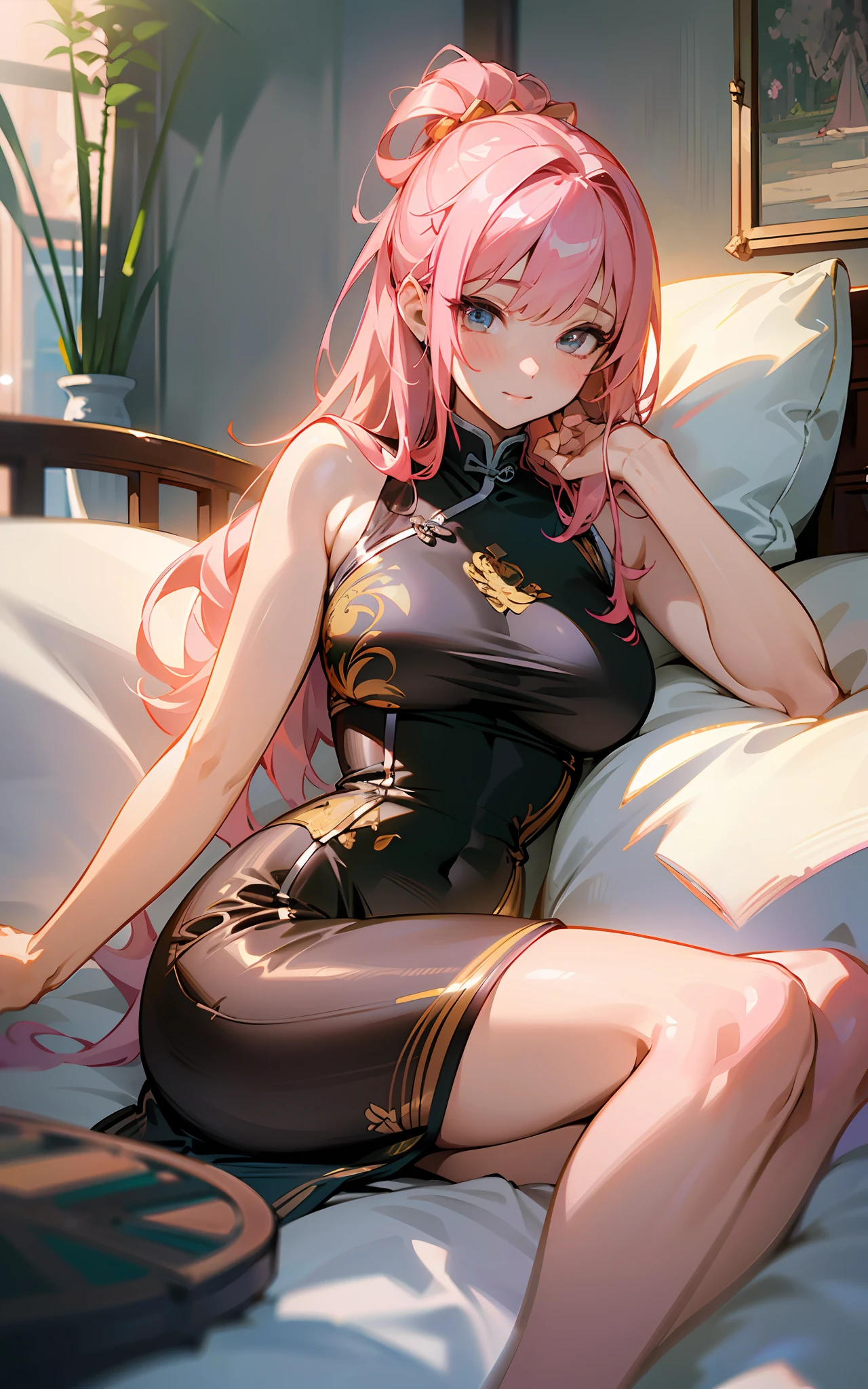spread legs(Original Character、Unity 16K Wallpaper, Masterpiece, Best Quality, Ultra-Detailed, Extremely Detailed CG, Caustics, Cinematic Lighting, Detailed, Beautiful Detailed Eyes, solo), Ultra High Resolution, fine skin, (sexy china dress, curby、bed), (strong light)、((brighten the subject)),blush,oily skin,spread legs,pink hair