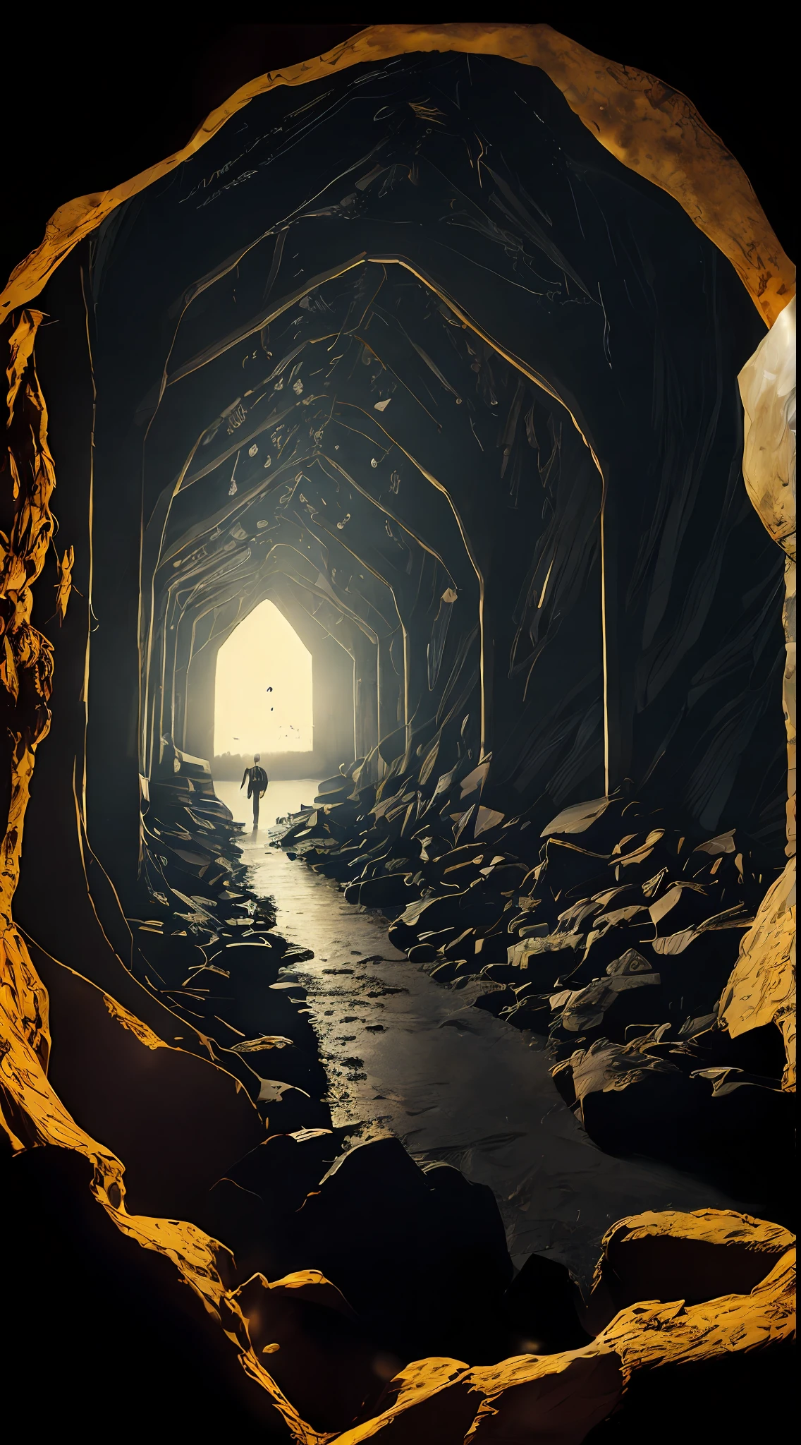 A close up of a person walking through a tunnel with a light at the end ...