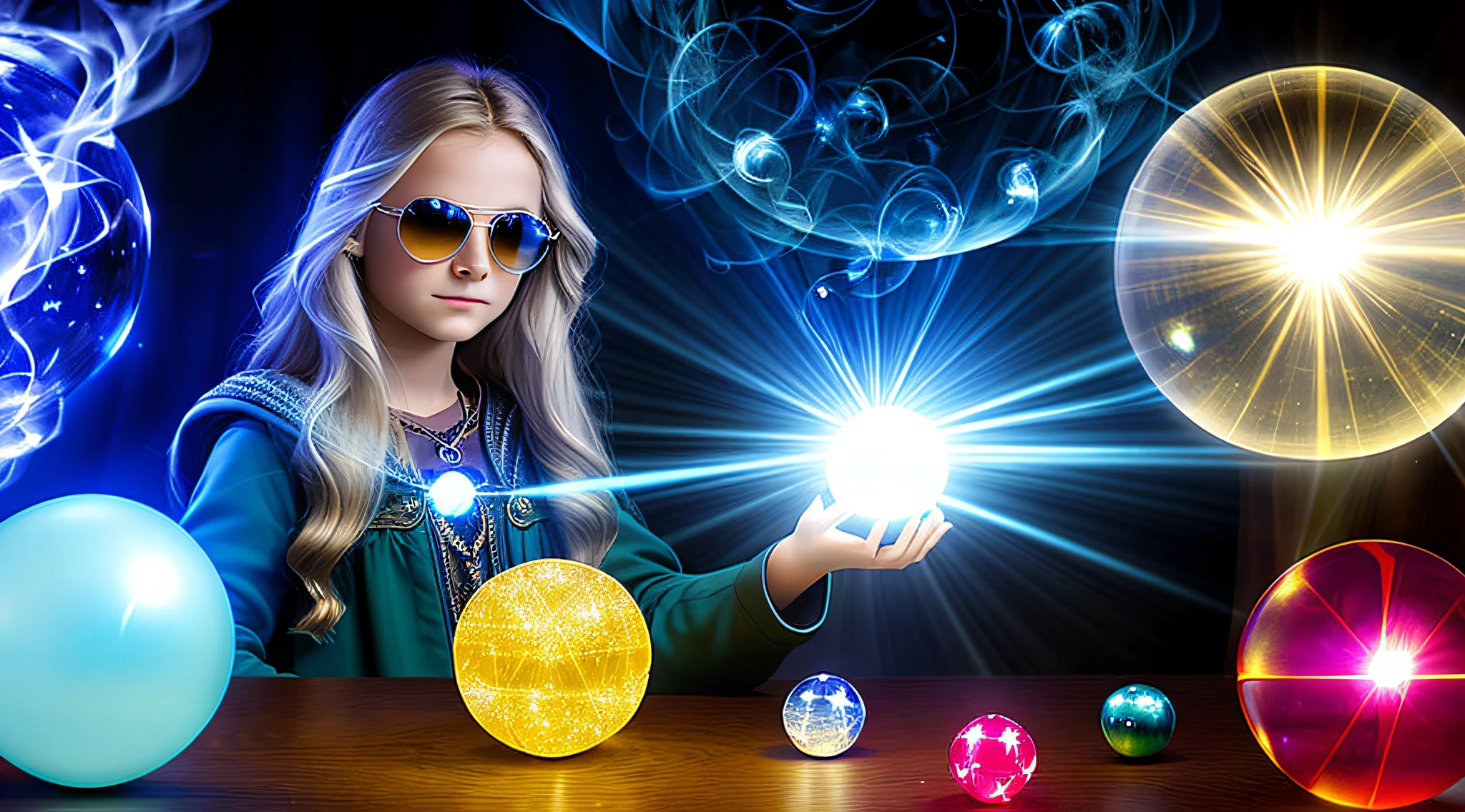 14 YEAR OLD CHILD GIRL WITH SUNGLASSES, WITH LONG BLONDE HAIR, holding a blue ball in her hands with smoke AND RAYS coming out of it, crystal ball, holding a crystal ball, casting a protection spell, holding a glowing orb, spell-casting mage, casting spells, the orb of truth, casting a powerful spell, holding a glowing orb of dice, a woman holding an orb, emitting psychic powers, hands holding large glowing orbs, BACKGROUND OF CANDLES ACCESSED.