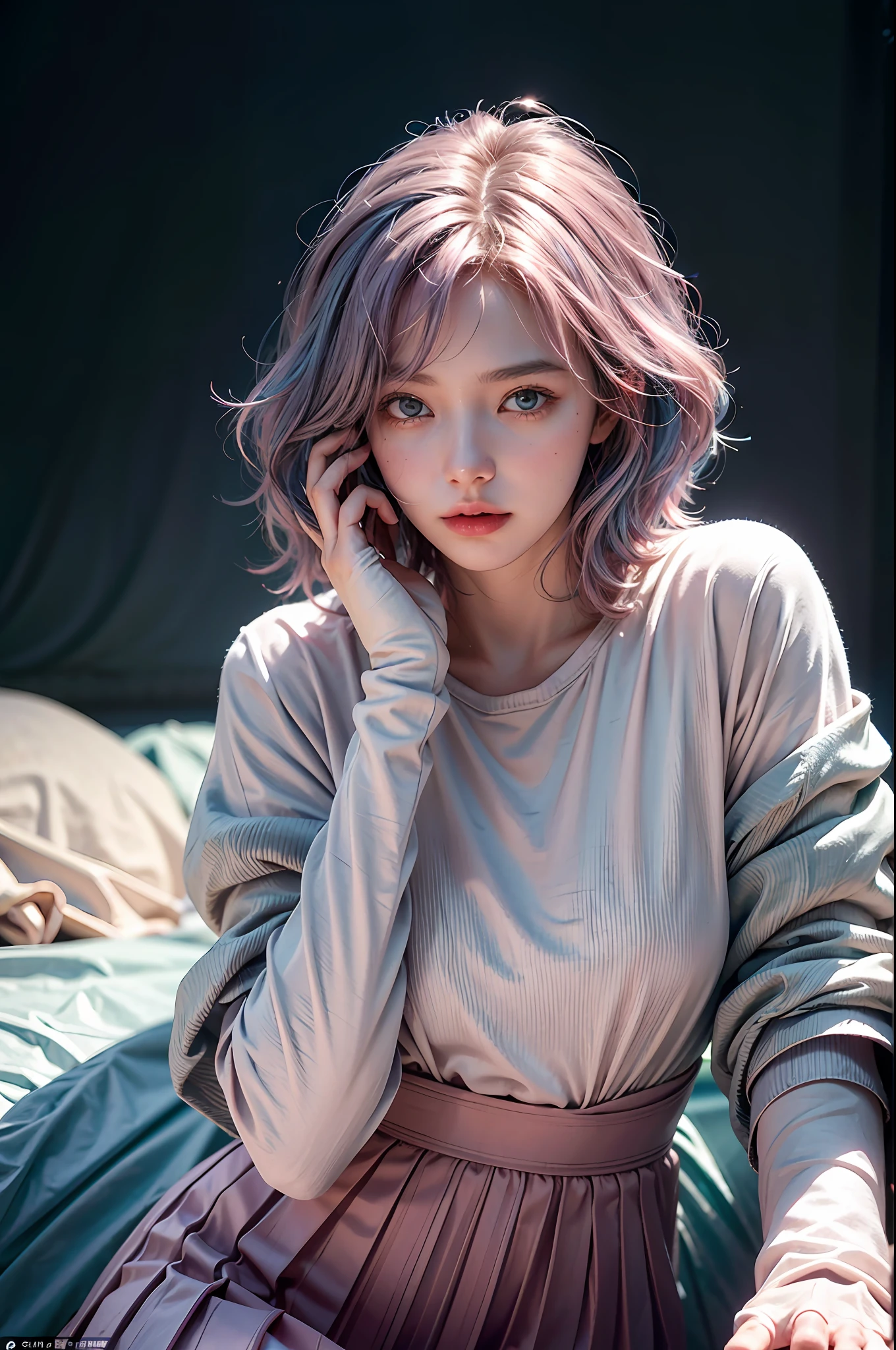 (masterpiece,realistic, best quality:1.4), excited 25yo woman, pokies,she is pointing out to the right hand side, wavy short hair, ((mix pink-blue hair)), floating hair by wind blow, solo, white gloves, gloves, looking at viewer, lovely eyes, short hair,jewelry, detailed face and eyes, delicate and beautiful face,upon_body, tyndall effect,photorealistic, dark studio, rim lighting, two tone lighting,(high detailed skin:1.2), 8k uhd, dslr, soft lighting, high quality, volumetric lighting, candid, Photograph, high resolution, 4k, 8k, pokies, Bokeh