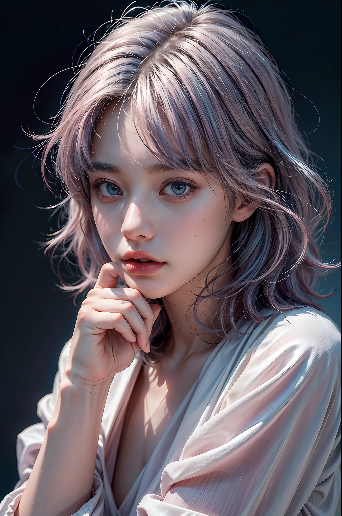 (masterpiece,realistic, best quality:1.4), excited 25yo woman, pokies,she is pointing out to the right hand side, wavy short hair, ((mix pink-blue hair)), floating hair by wind blow, solo, white gloves, gloves, looking at viewer, lovely eyes, short hair,jewelry, detailed face and eyes, delicate and beautiful face,upon_body, tyndall effect,photorealistic, dark studio, rim lighting, two tone lighting,(high detailed skin:1.2), 8k uhd, dslr, soft lighting, high quality, volumetric lighting, candid, Photograph, high resolution, 4k, 8k, pokies, Bokeh