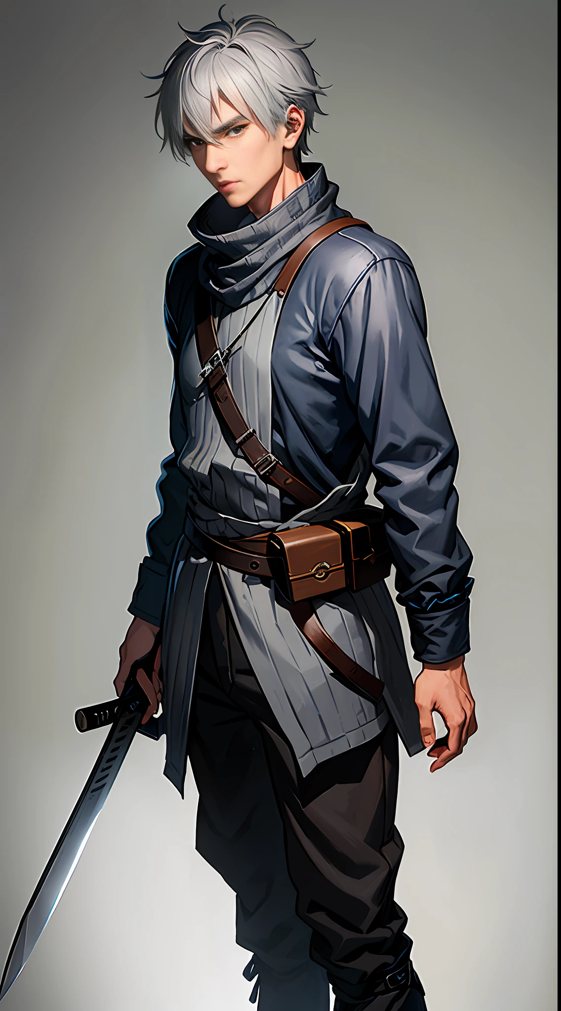 A rebellious man of 26 with shivering gray hair and silver eyes, his outfit is gray resembling a villager, he carries a katana (setting an abandoned village)